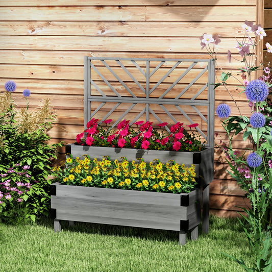 Outsunny Raised Garden Bed With Trellis Two-Tier Wooden Elevated Planter Box For Vegetables Flowers Herbs Grey