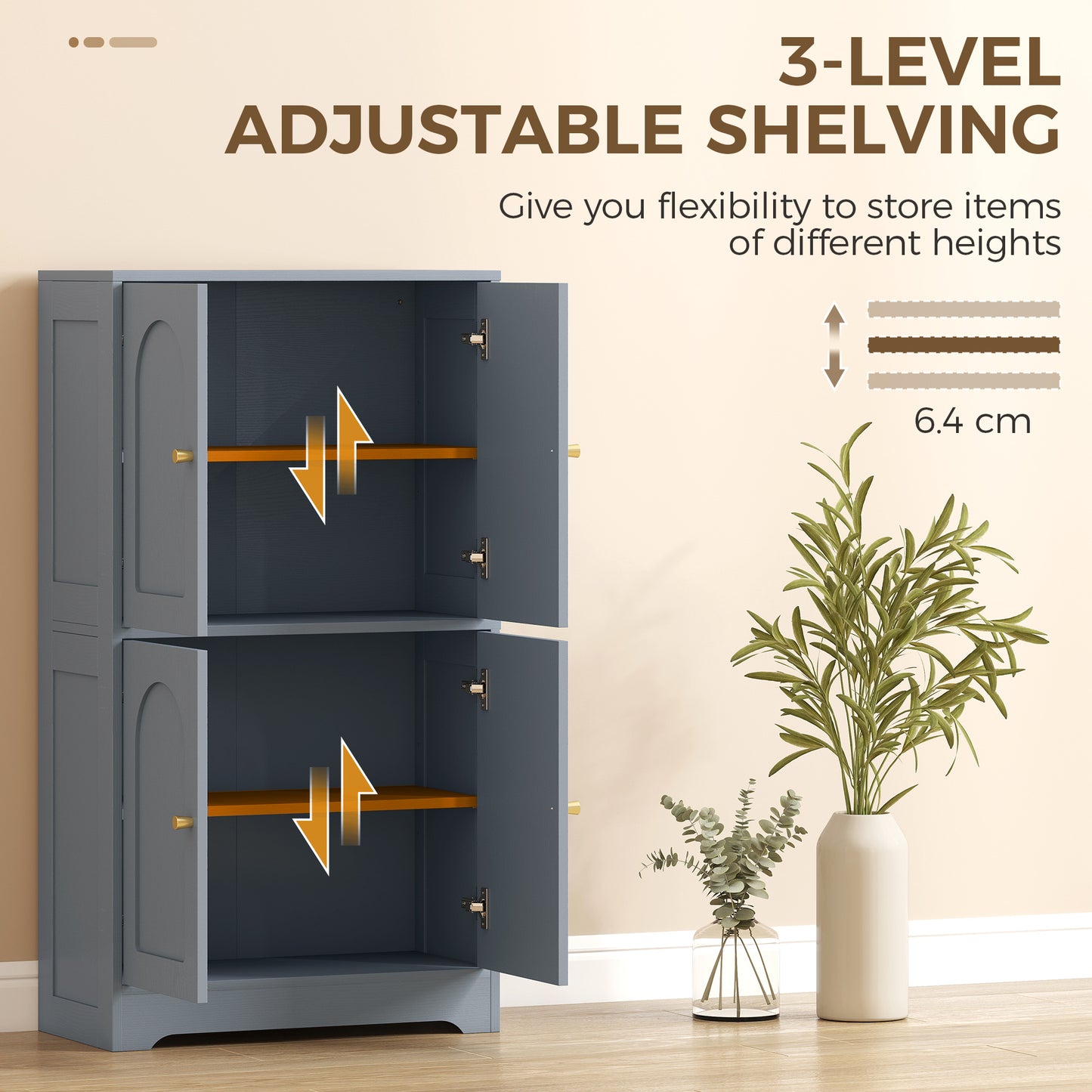 HOMCOM 4 Door Kitchen Storage Cabinet With Adjustable Shelves Grey Arched Door Panels And Gold Tone Handles