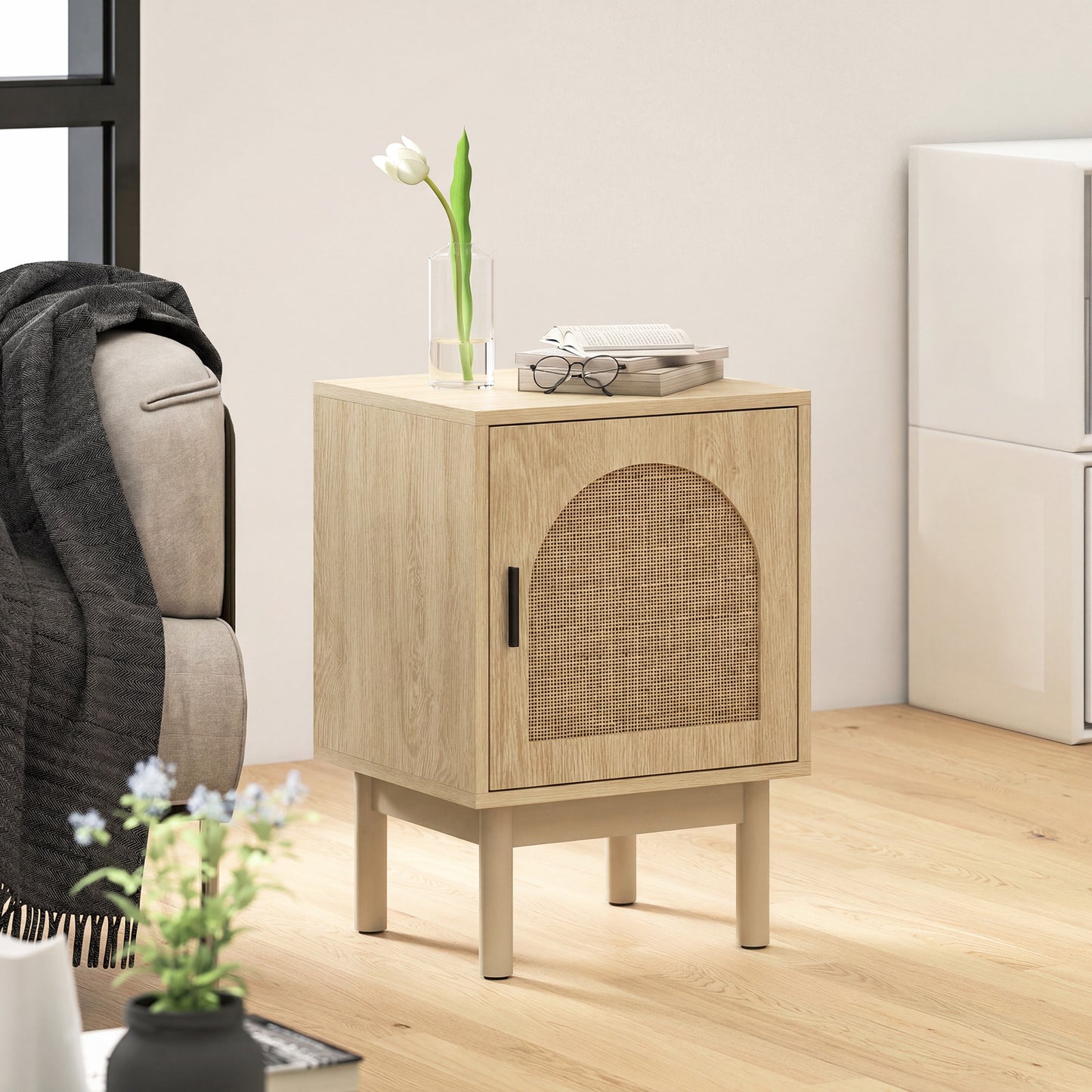 HOMCOM Rattan Bedside Table For Bedroom Natural Wood Arch Rattan Door Two Tier Design With Adjustable Shelving
