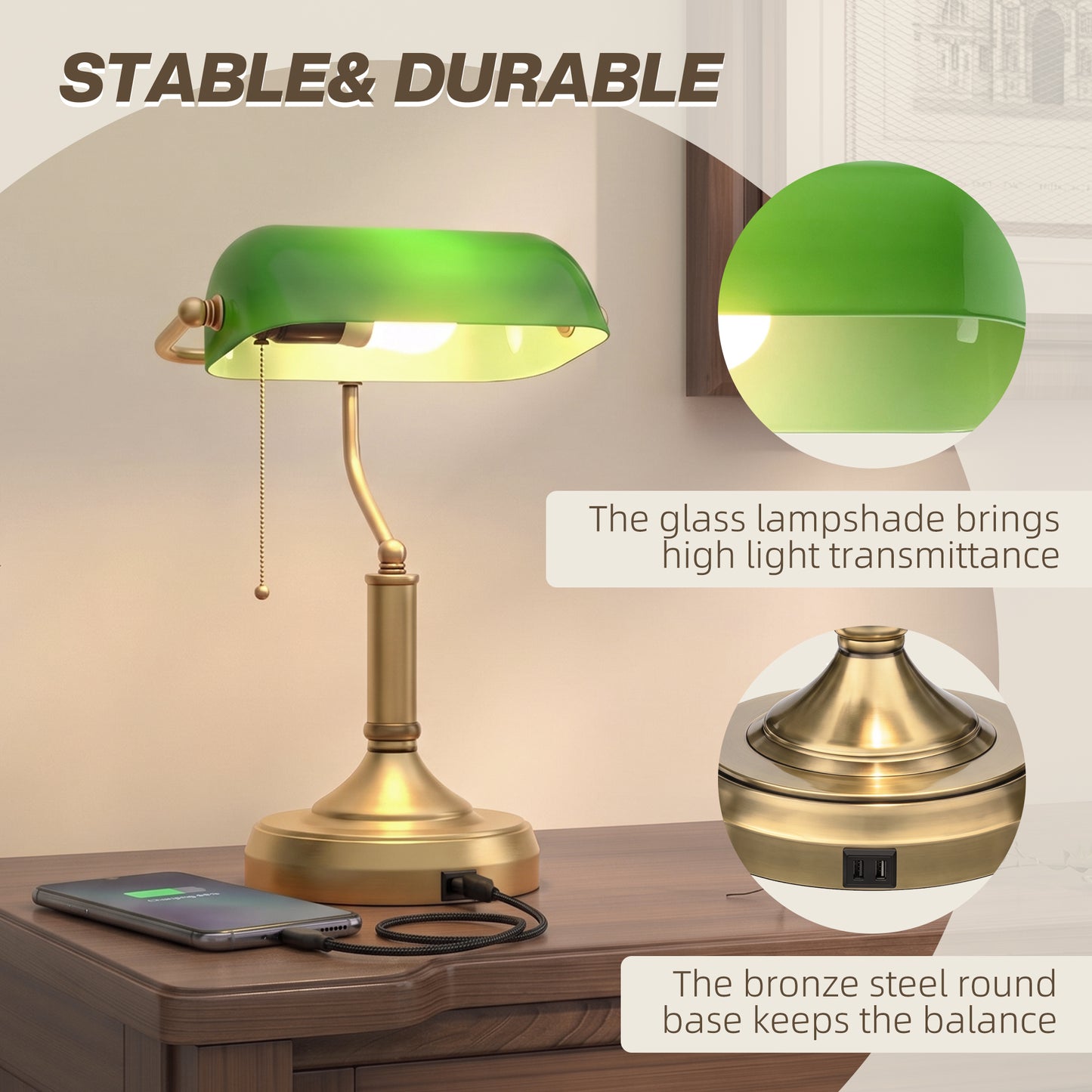 HOMCOM Bankers Style Desk Lamp With USB Ports And Pull Rope Switch, Vintage Bronze Tone Base, Green Glass Shade