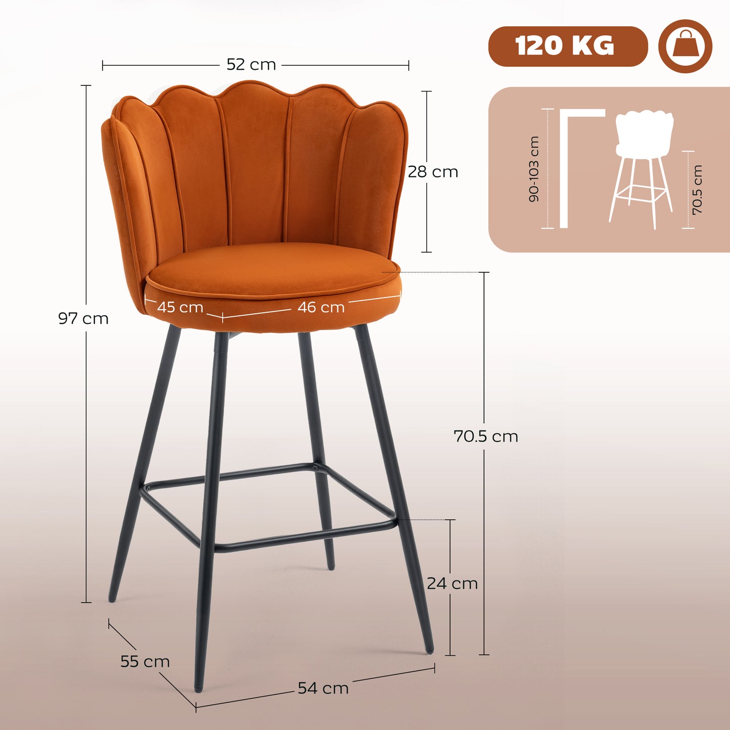 HOMCOM Set Of Two Velvet Feel Lotus Bar Stools Orange With High Back Durable Foam Cushions