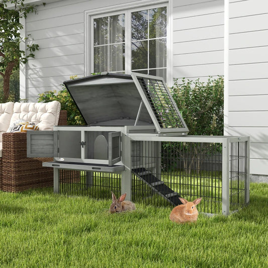 PawHut Wooden Rabbit Hutch with Outdoor Run - Grey Weatherproof Small Animal Shelter