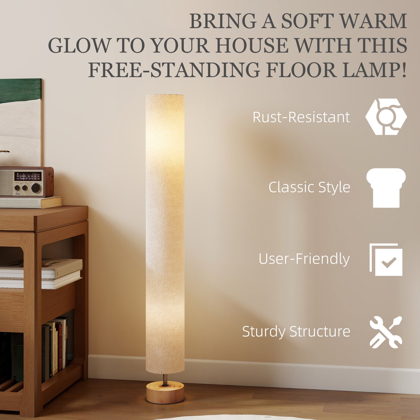 HOMCOM LED Floor Lamp 120cm Modern Standing Lamp With 3000K 4500K 6500K Colour Temperatures Linen Shade Wooden Base Grey