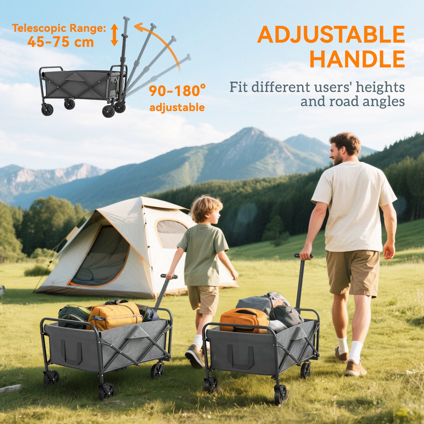 Outsunny 62L Festival Trolley On Wheels 120kg Capacity Beach Folding Cart With Adjustable Handle And Carrying Bag Grey