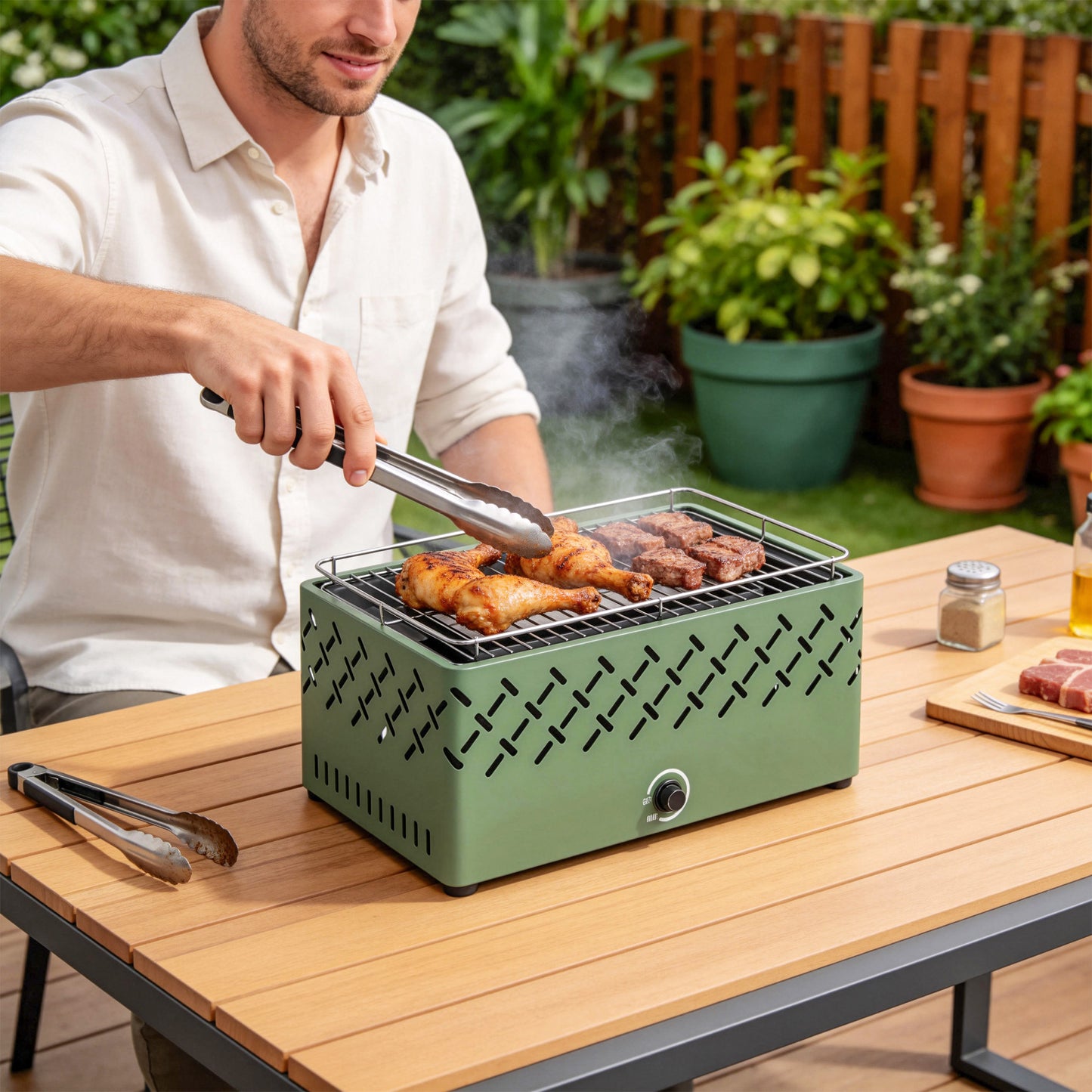 Outsunny Portable Charcoal BBQ Grill With Built In Fan Battery Powered For Camping Picnics Light Green
