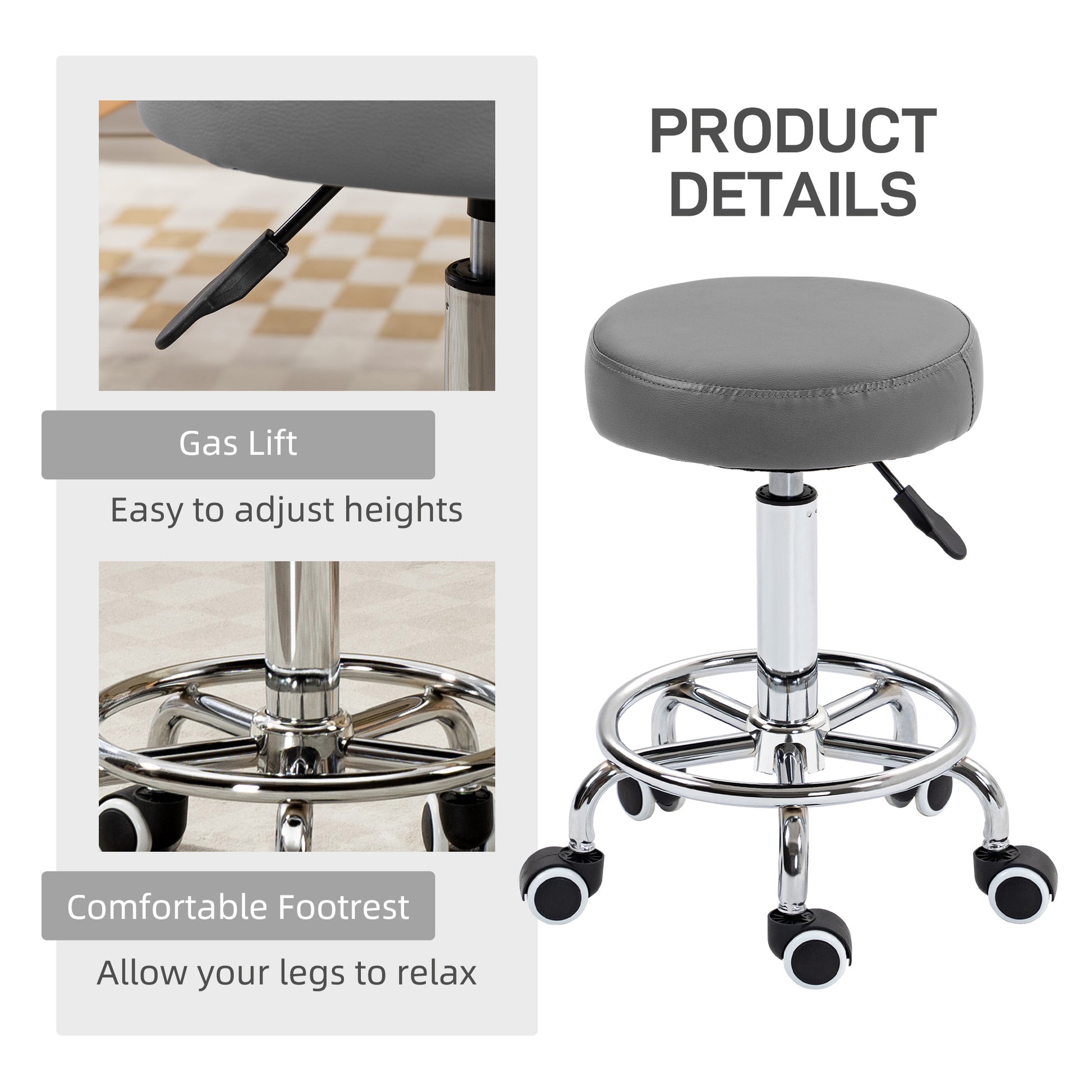 HOMCOM Adjustable Grey PU Leather Rolling Stool with Wheels for Salon and Spa - ALL4U RETAILER LTD