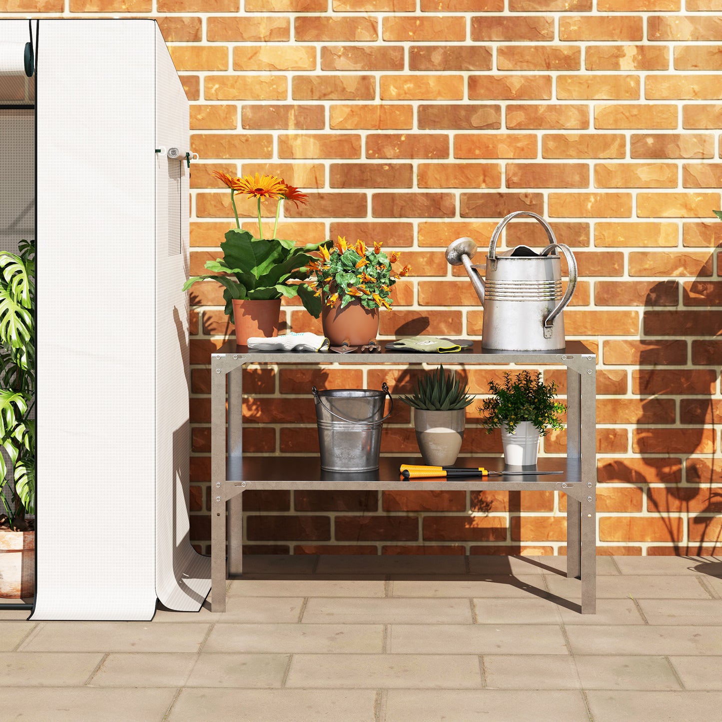 Outsunny Galvanised Steel Potting Bench 2 Tier Table With Storage Shelf For Outdoor Patio Greenhouse 110x50x75cm Silver
