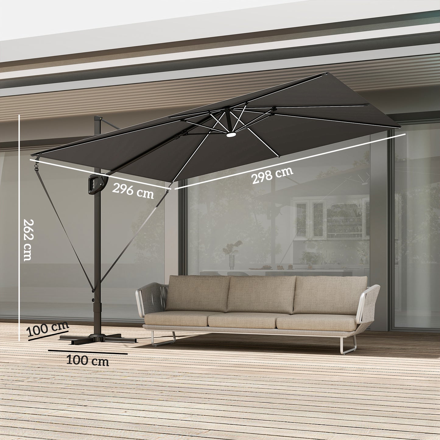 Outsunny 3x3m Garden Cantilever Parasol With Light And Cover UPF50 Plus Wind Protection 360 Degree Rotation Dark Grey