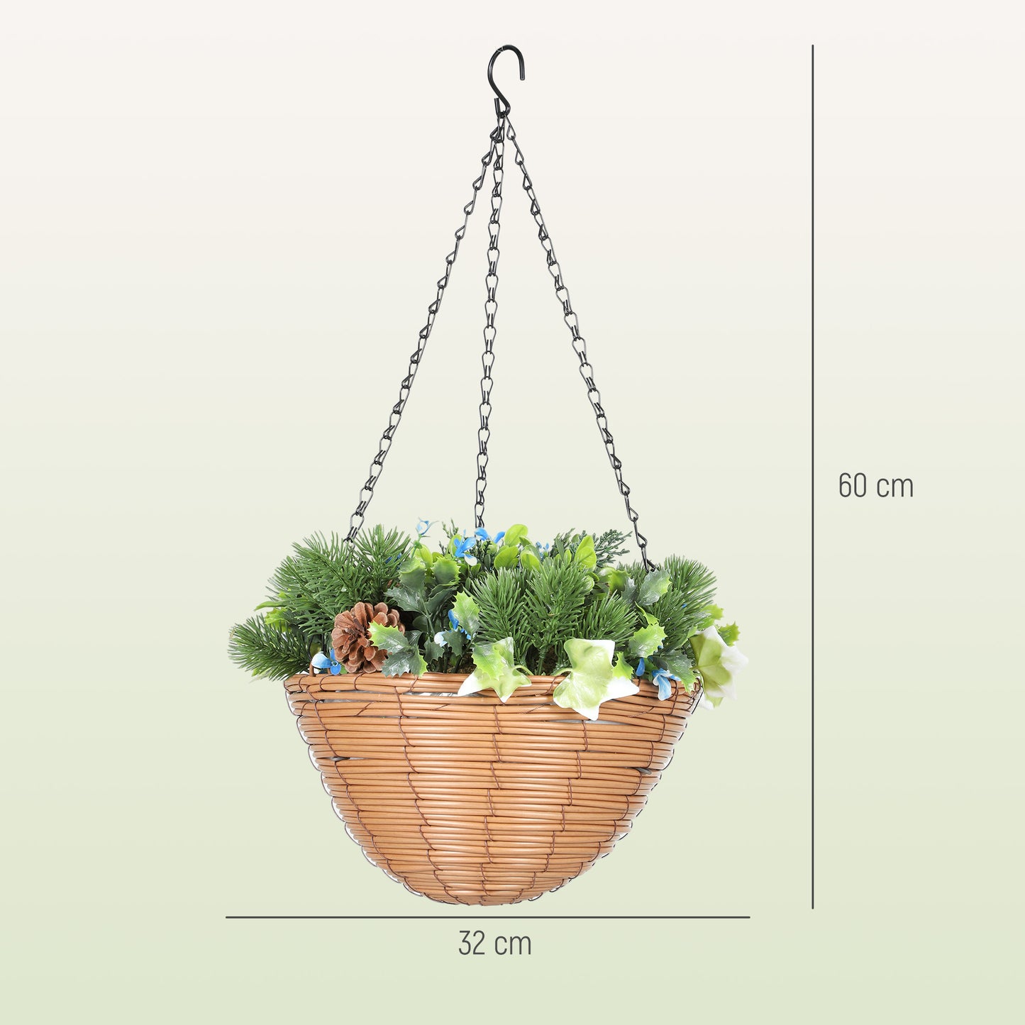 HOMCOM Pack of 2 Faux Lisianthus Flowers Hanging Planters with Basket PE Leaves 18 Flowers and 3 Pinecones