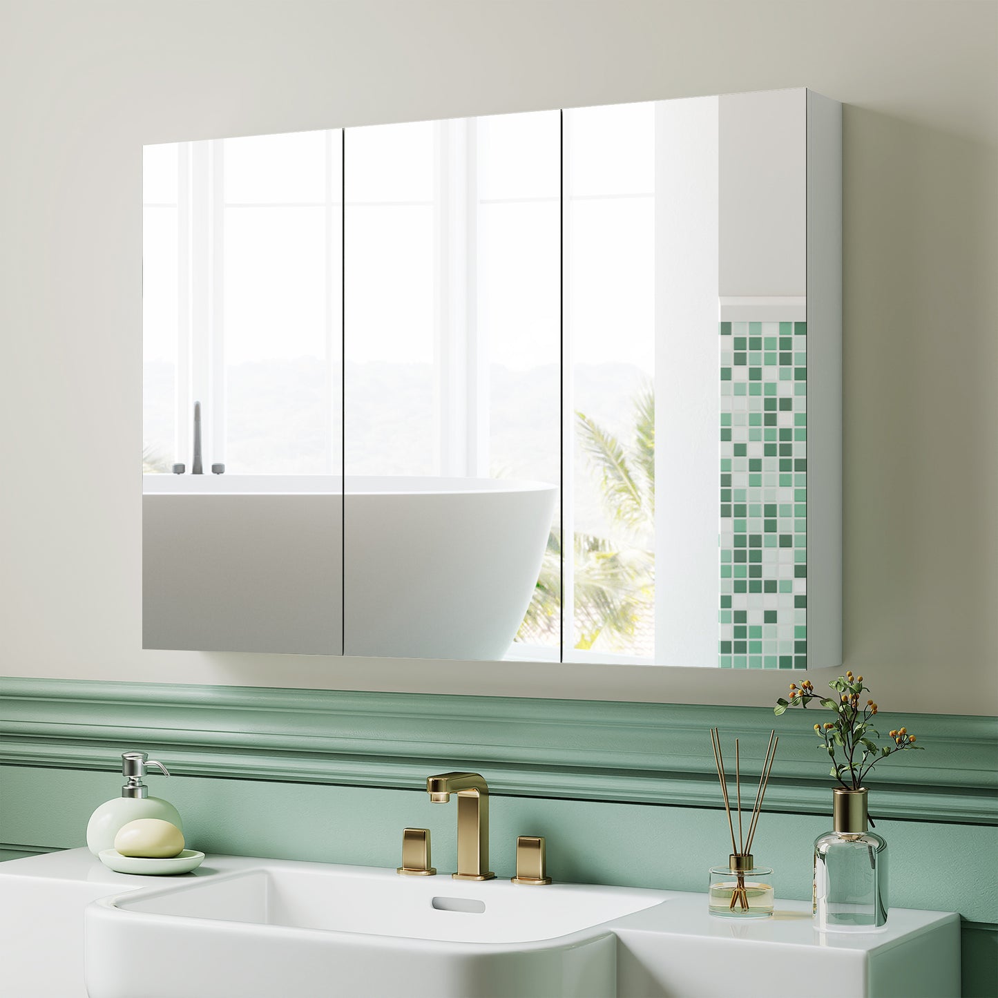 HOMCOM White Three Mirror Doors Bathroom Wall Cabinet With Six Inner Shelves And Four Adjustable Shelves