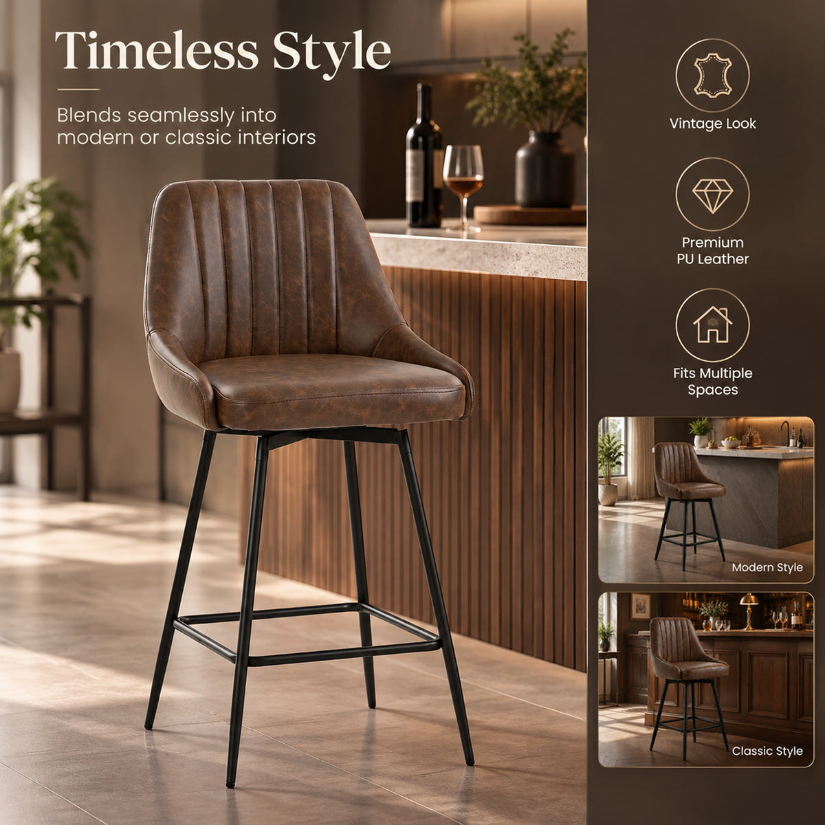 Dark brown counter-height swivel bar stool with PU leather-style upholstery and black legs