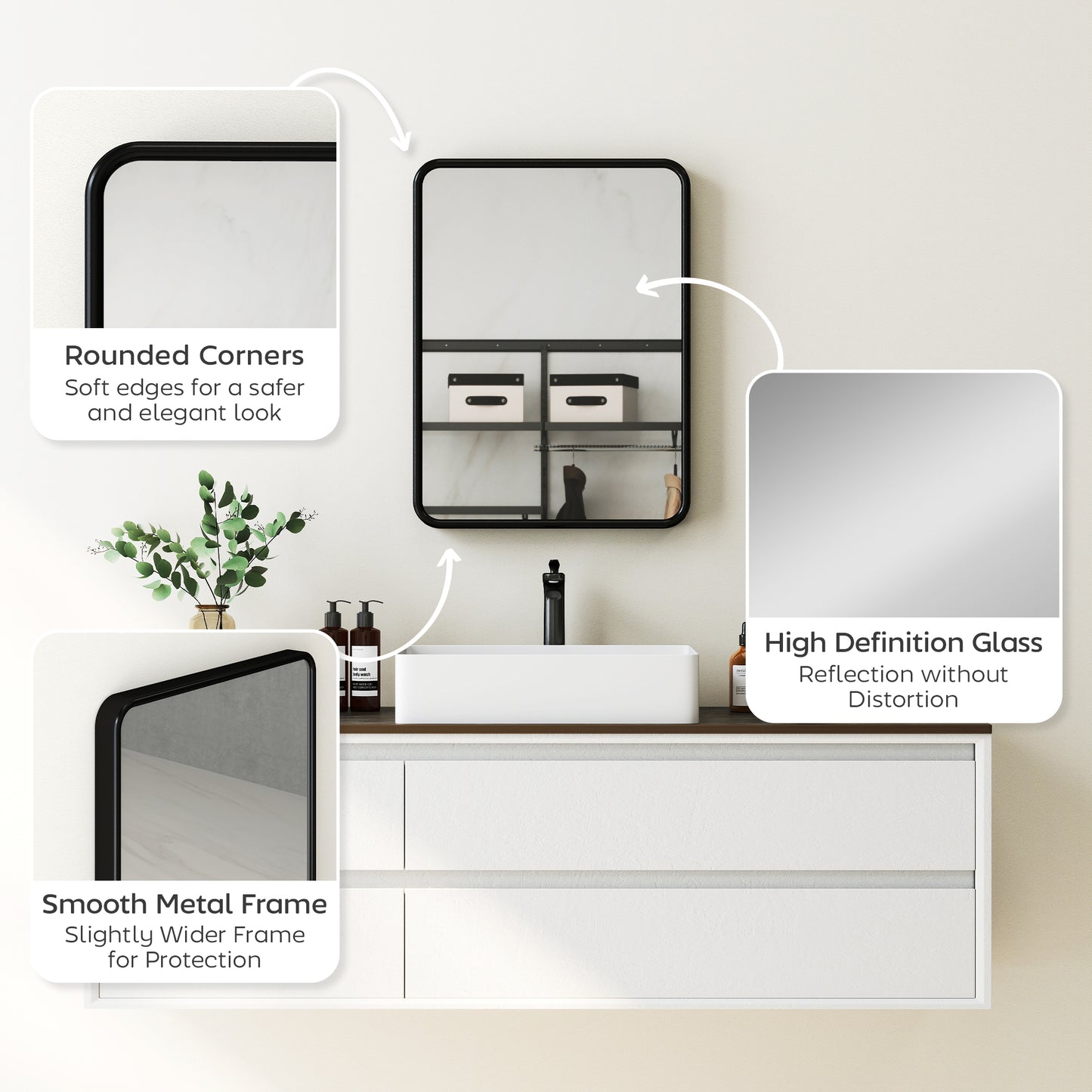 Homcom Rectangular Wall Mirror With HD Glass Black Metal Frame Dual Hanging Options Warp Free Backboard