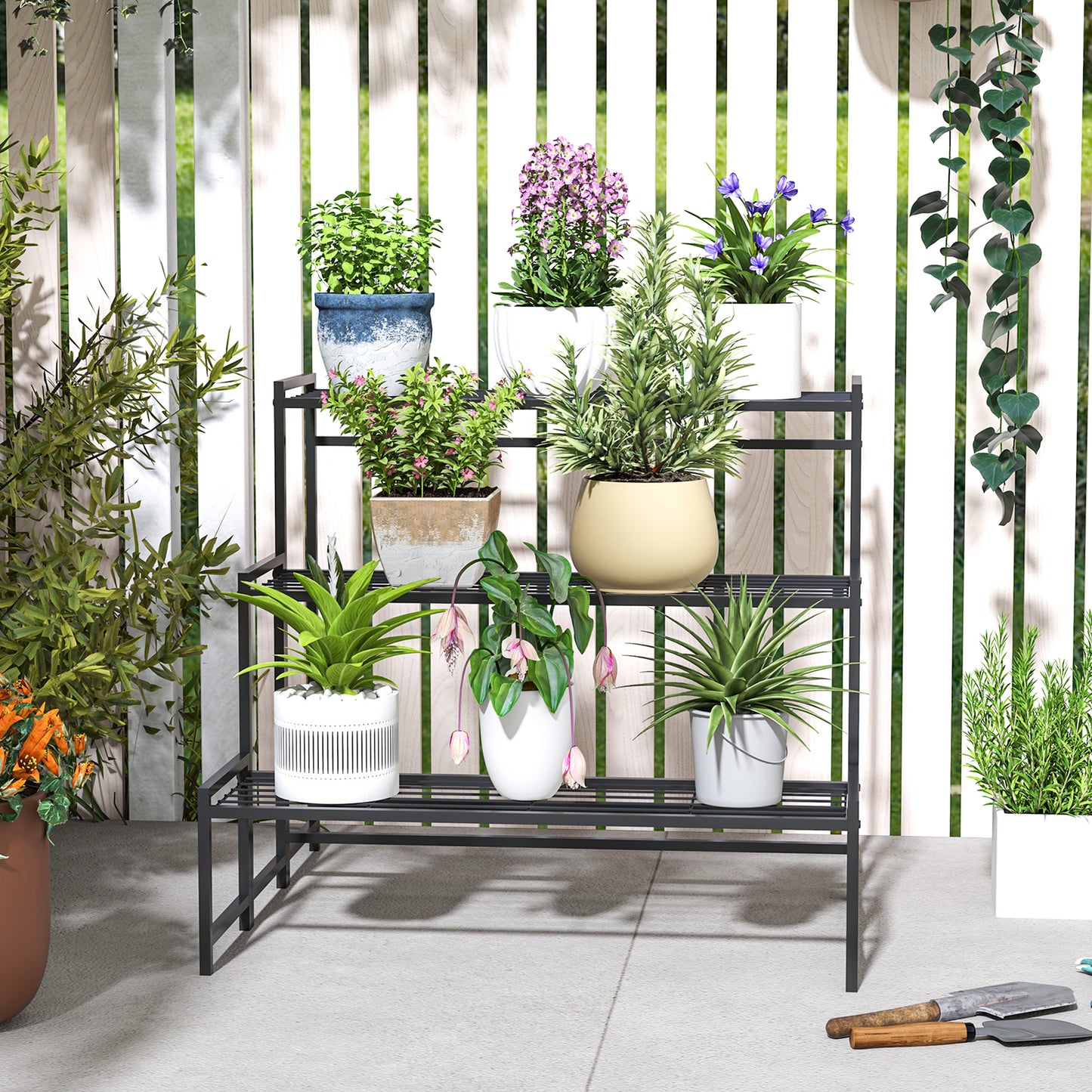 Outsunny Three Tier Metal Plant Shelf Stand Black Indoor Outdoor Garden Tiered Plant Organizer With Slatted Shelves