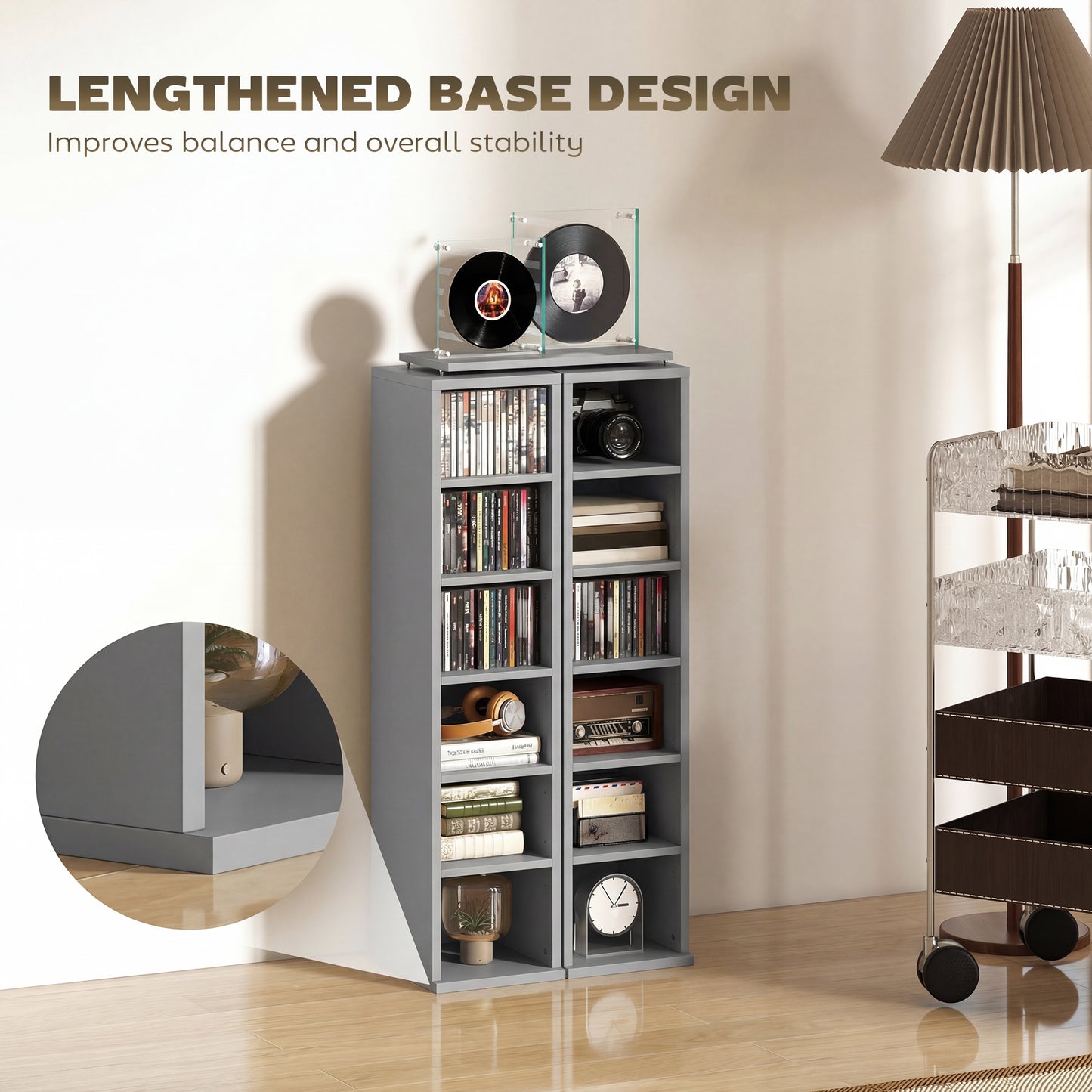 HOMCOM Set of 2 CD Media Display Shelves With Adjustable Shelves Tower Rack Light Grey