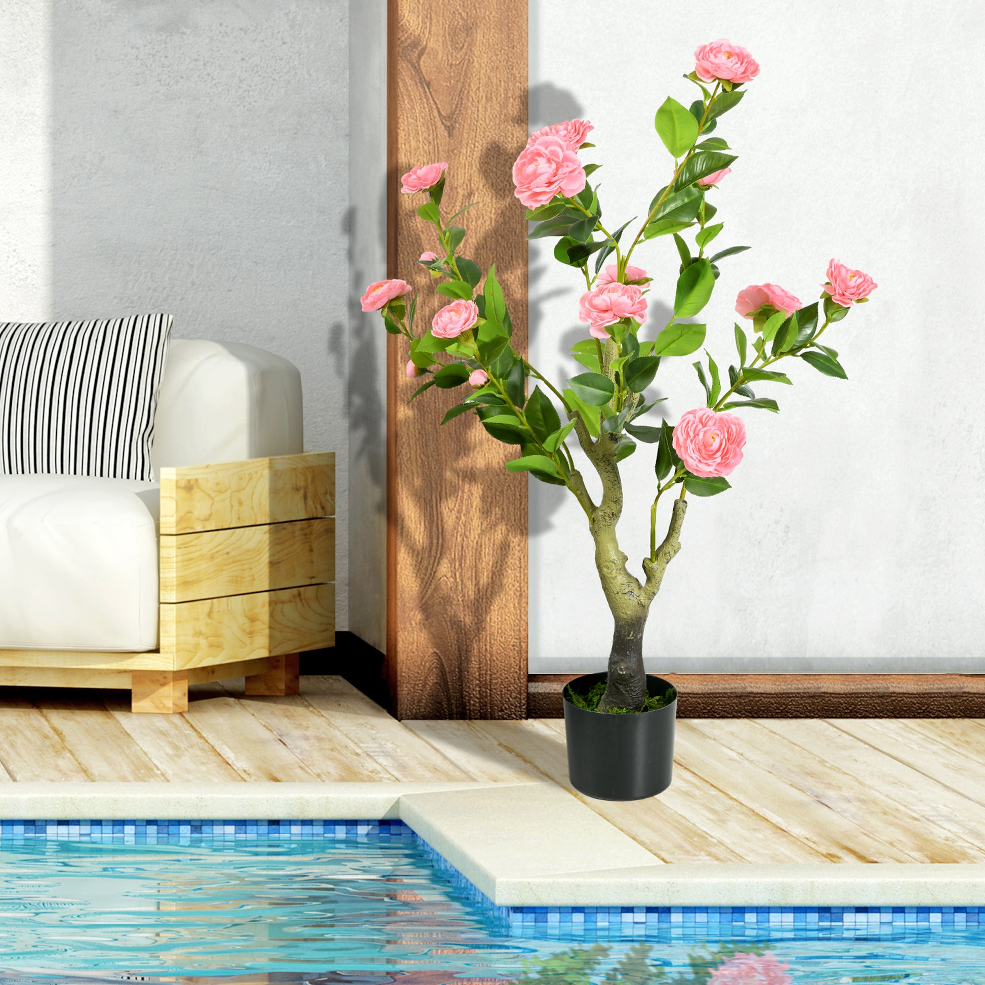 HOMCOM Set of 2 Pink Camellia Artificial Plants with Cement Pot for Indoor and Outdoor Decor, 95cm Tall - ALL4U RETAILER LTD