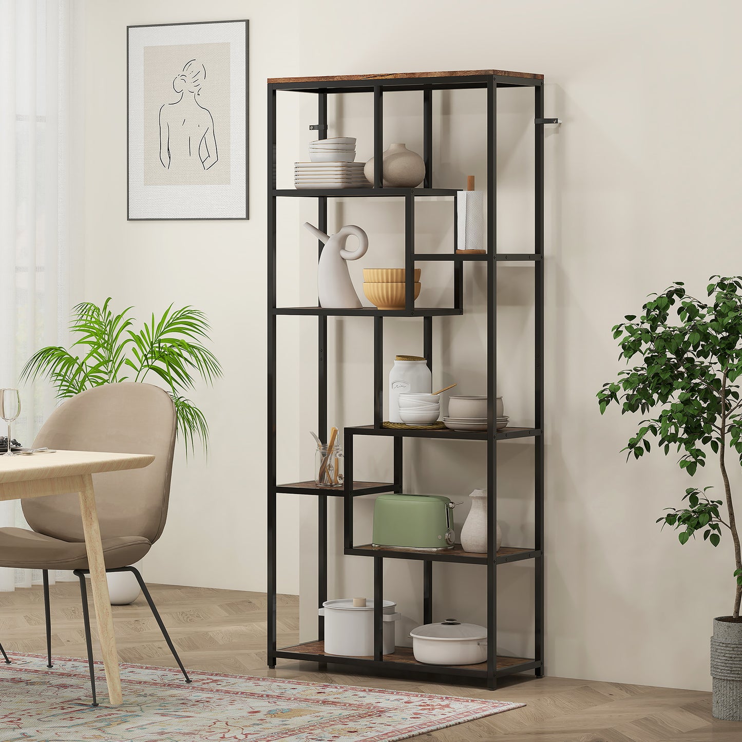 HOMCOM Seven Tier Geometric Bookcase Brown And Black Metal Frame Shelving Unit For Display