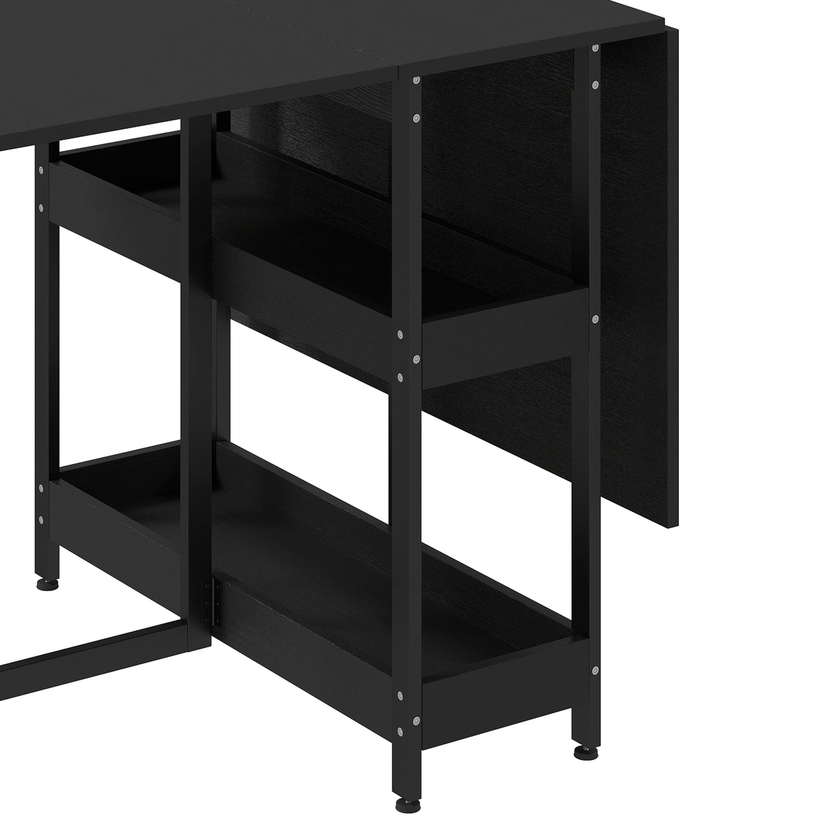 Black metal base and storage shelves underside of drop-leaf dining table