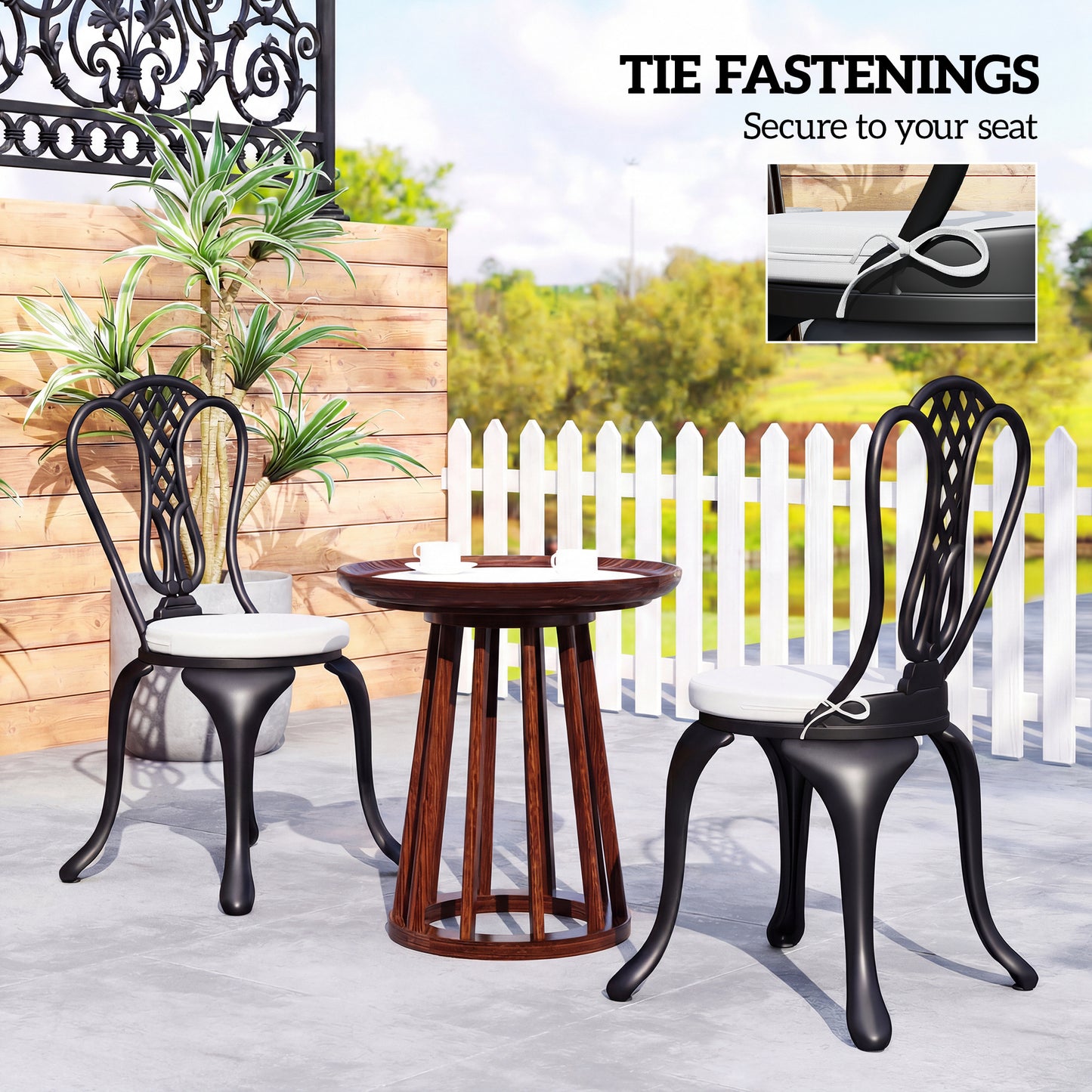 Outsunny Outdoor Bistro Chair Cushions Set of 4 With Removable Covers 41x41x5 cm Round Seat Cushions With Ties White