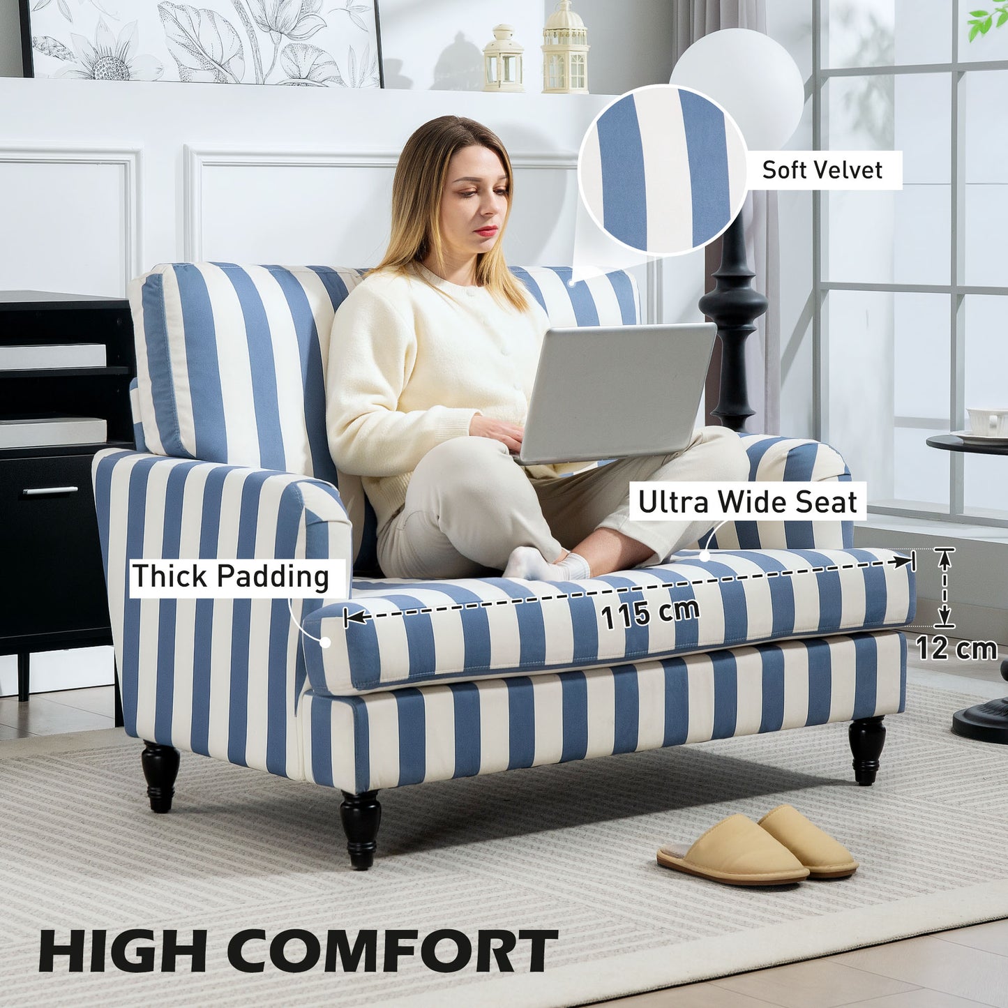 HOMCOM Velvet Cuddle Chair With Stripe Blue And White Modern Armchair Snuggle Sofa For Living Room Bedroom Turned Legs