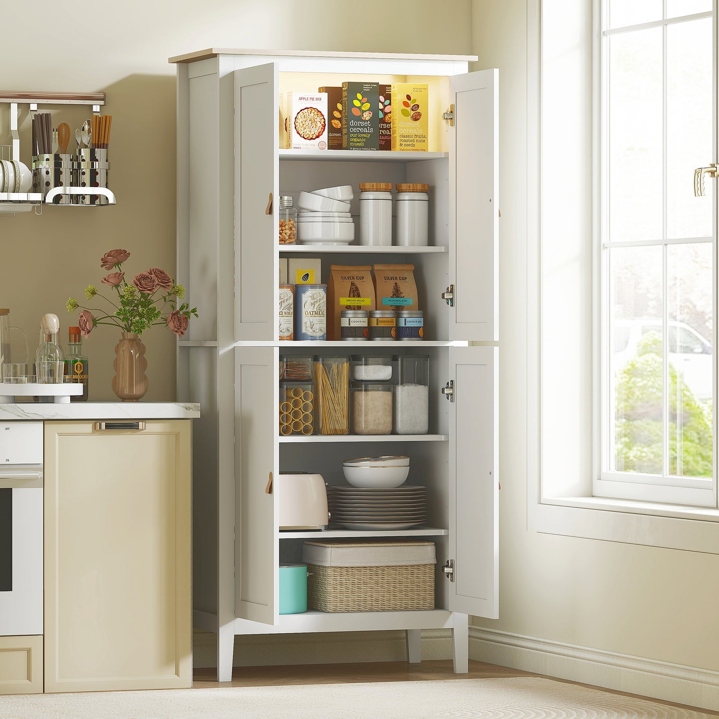 HOMCOM 176.5 cm Tall Pantry Cupboard With Motion Sensor LED Light White For Kitchen Storage