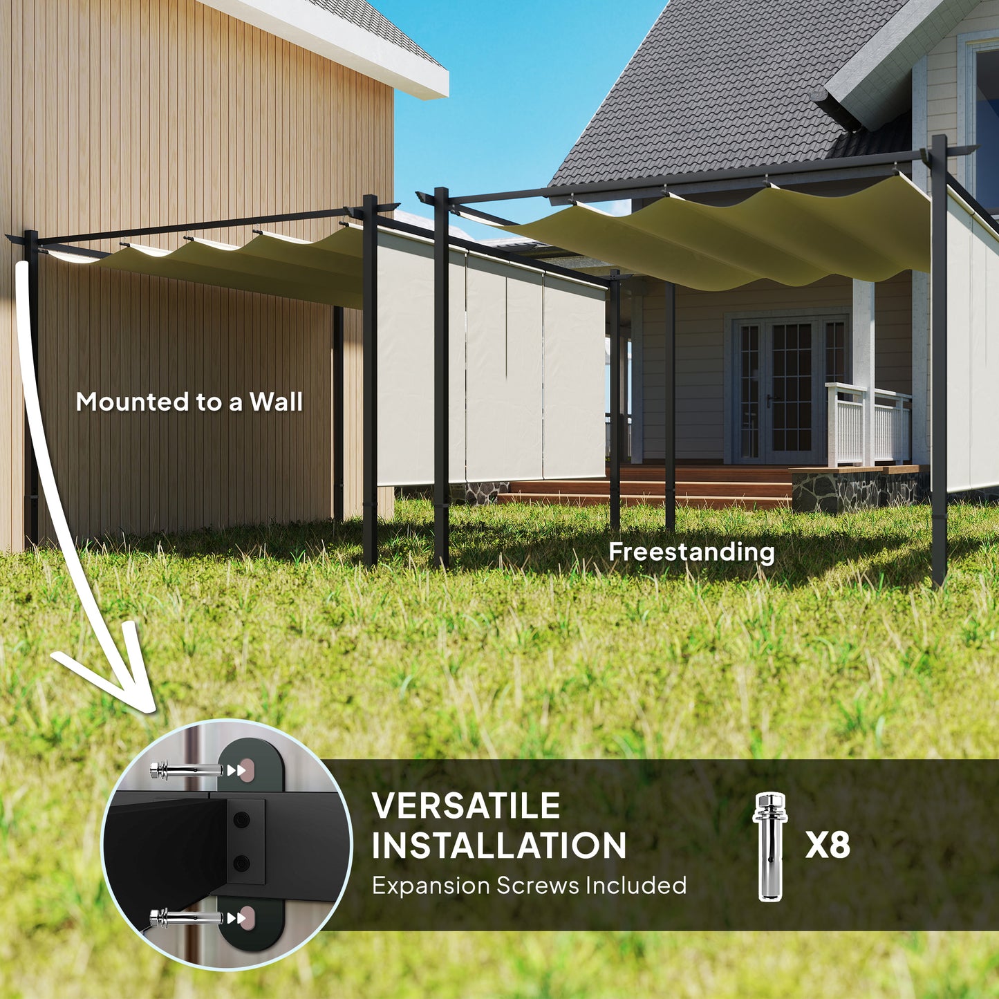 Outsunny 3x4m Metal Pergola With Retractable Roof And Roller Shade Free Standing Outdoor Gazebo Kit UPF30 Plus Beige