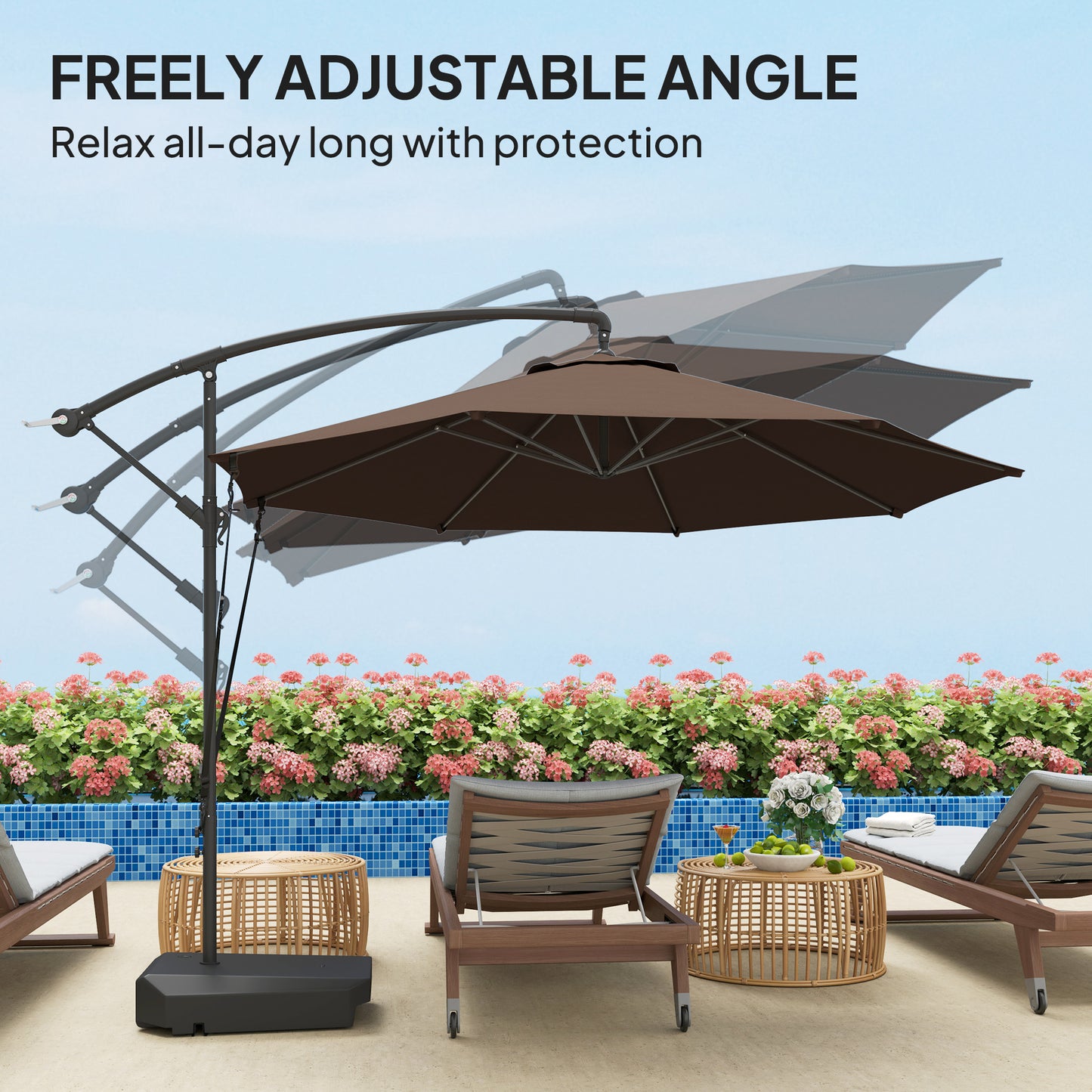 Outsunny 3m Cantilever Garden Parasol With Fillable Base Up To 90kg Wind Straps Tilt Crank UPF50Plus Brown Cover