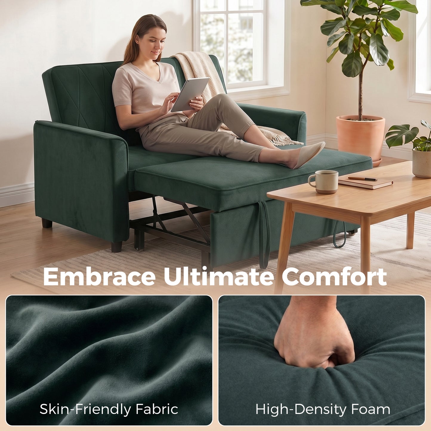 HOMCOM 2 Seater Sofa Bed 3 In 1 Convertible Pull Out Sleeper With Clik-Clack Adjustable Backrest Dark Green Velvet