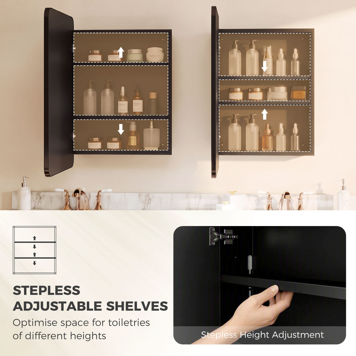 Black wall mirror cabinet with open shelves and step-less height adjustable layout
