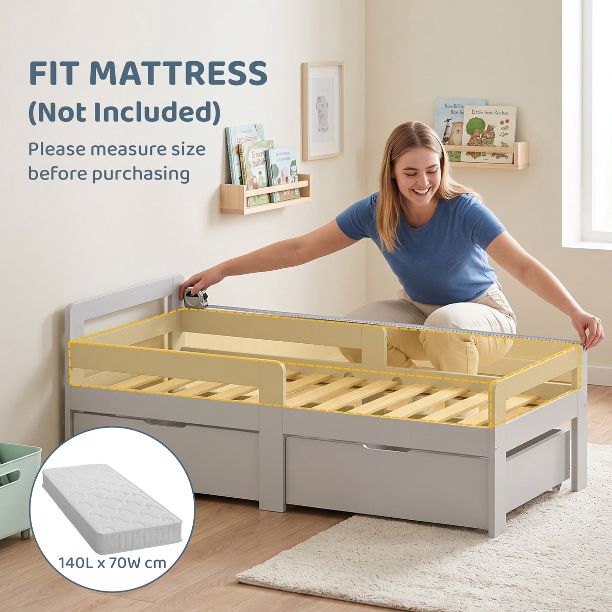 Light grey kids bed frame with guard rail and under-bed storage; mattress size 140x70 cm