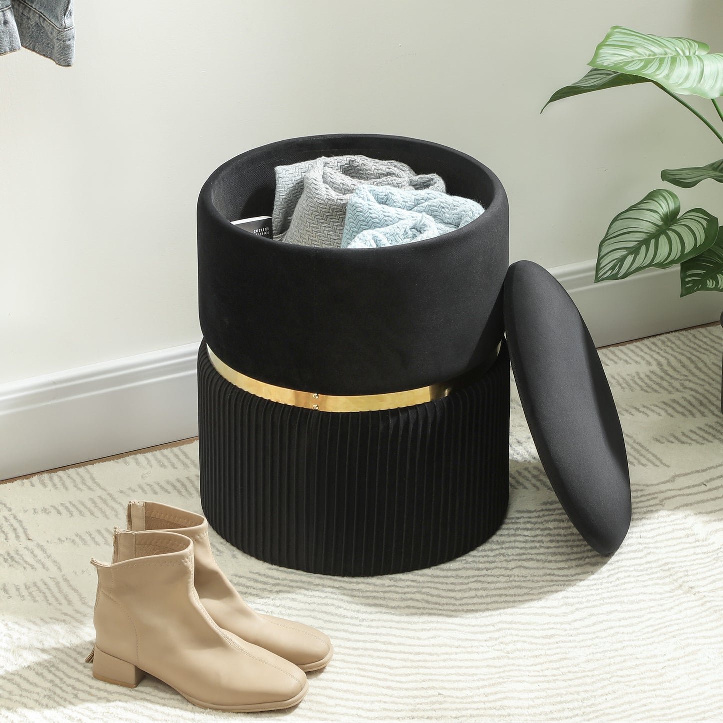 HOMCOM Velvet-Feel Storage Ottoman With Hidden Storage And Soft Black Upholstery For Living Room And Bedroom Decor