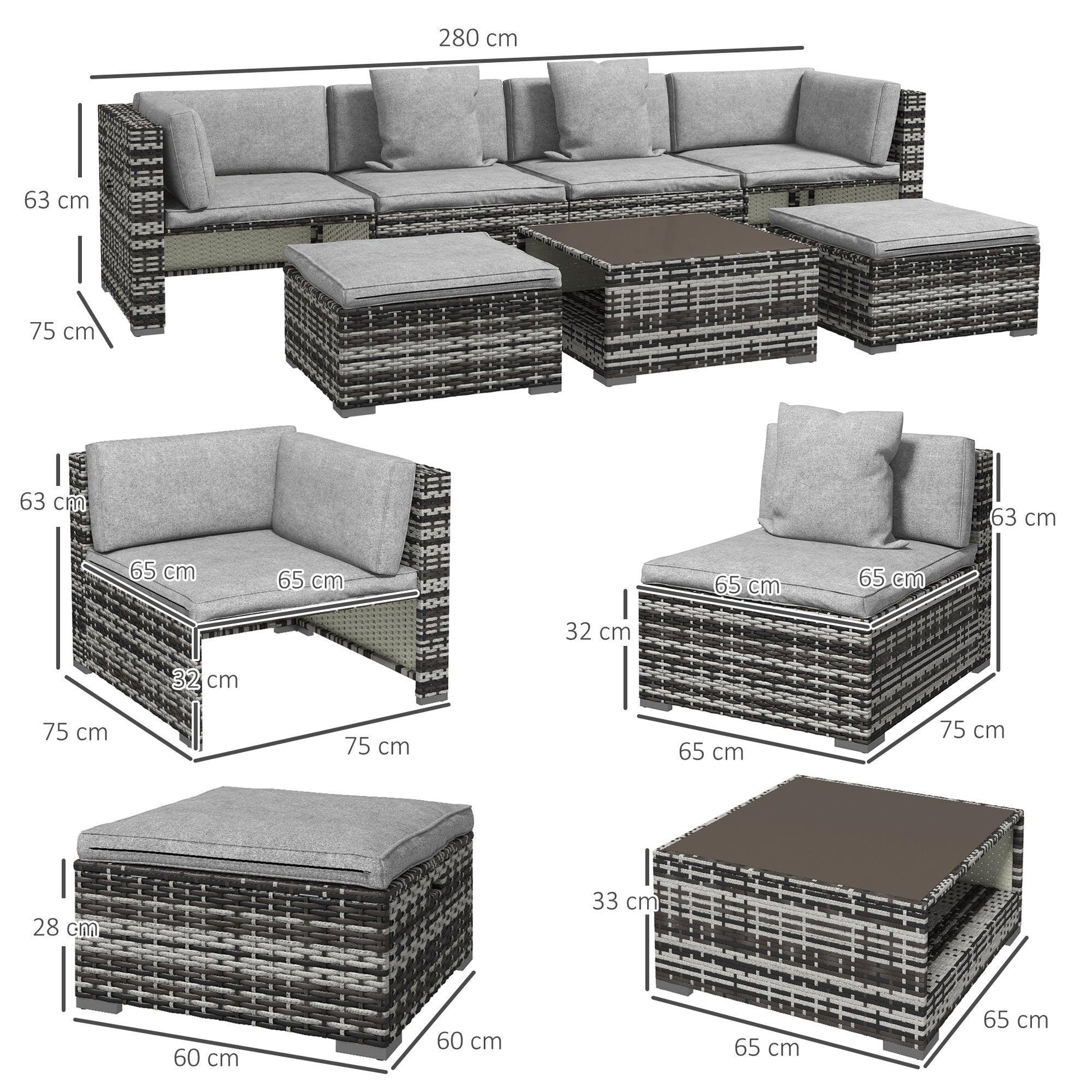 Outsunny 7-Piece Rattan Patio Furniture Set with Sofa, Footstools, Coffee Table, Side Shelves, Cushions, Pillows, Mixed Grey - ALL4U RETAILER LTD