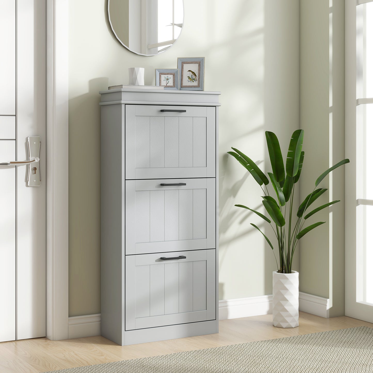 HOMCOM Three Drawer Minimalistic Shoe Cabinet Grey With Adjustable Shelves For 15 Pairs Of Shoes
