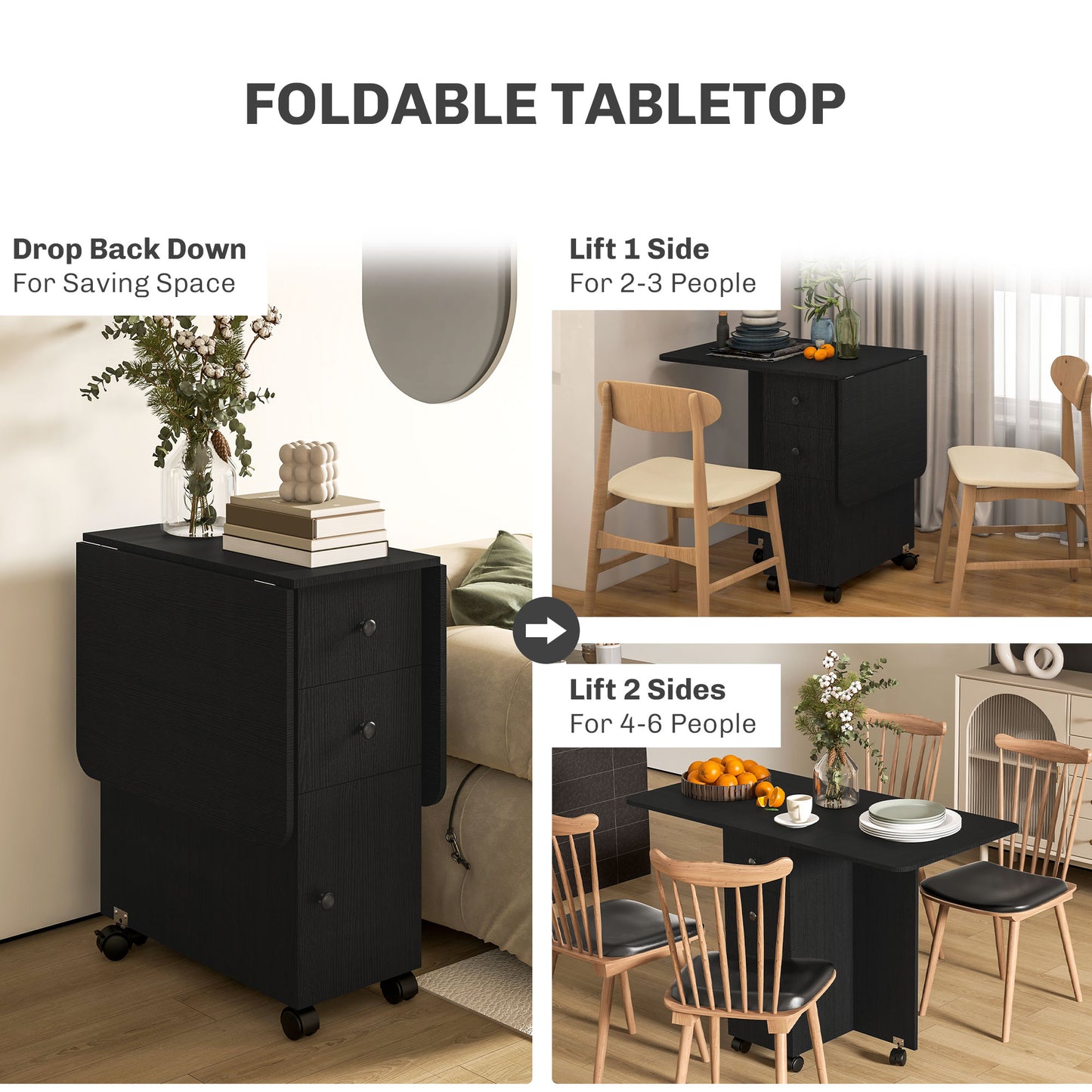 HOMCOM Multi Storage Six Person Drop Leaf Dining Table Distressed Black With Lift Up Tabletops And Built Storage Drawers