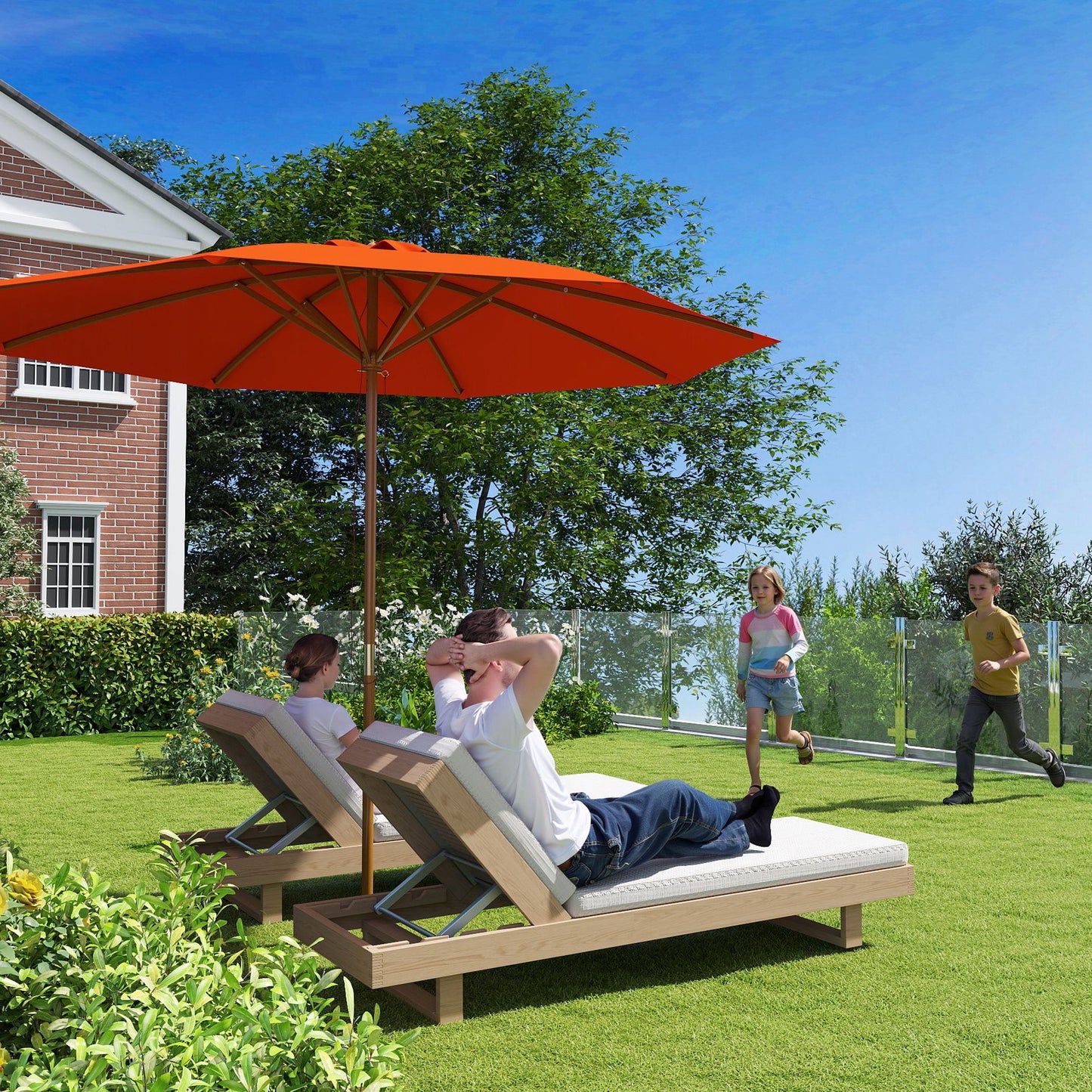 Outsunny 3m Wood Pole Parasol Umbrella Orange For Patio Garden With Vented Canopy And Adjustable Angle Three Positions