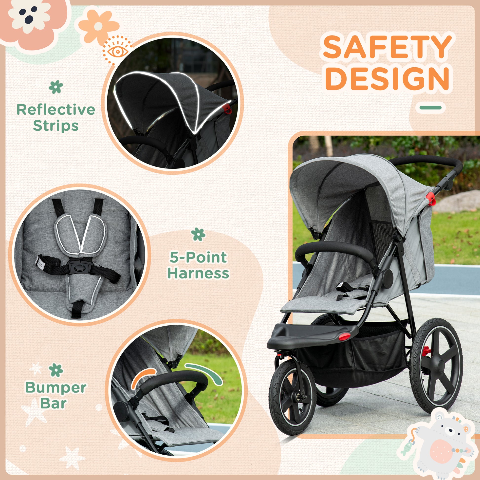 HOMCOM Compact Foldable Three-Wheel Toddler Stroller with Adjustable Canopy and Storage Basket - Grey - ALL4U RETAILER LTD