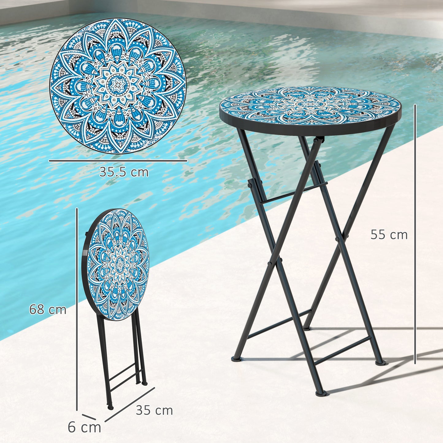 Outsunny Mosaic Outdoor Garden Table 35.5cm Round Folding Coffee Table With Metal Frame Blue For Balcony Terrace