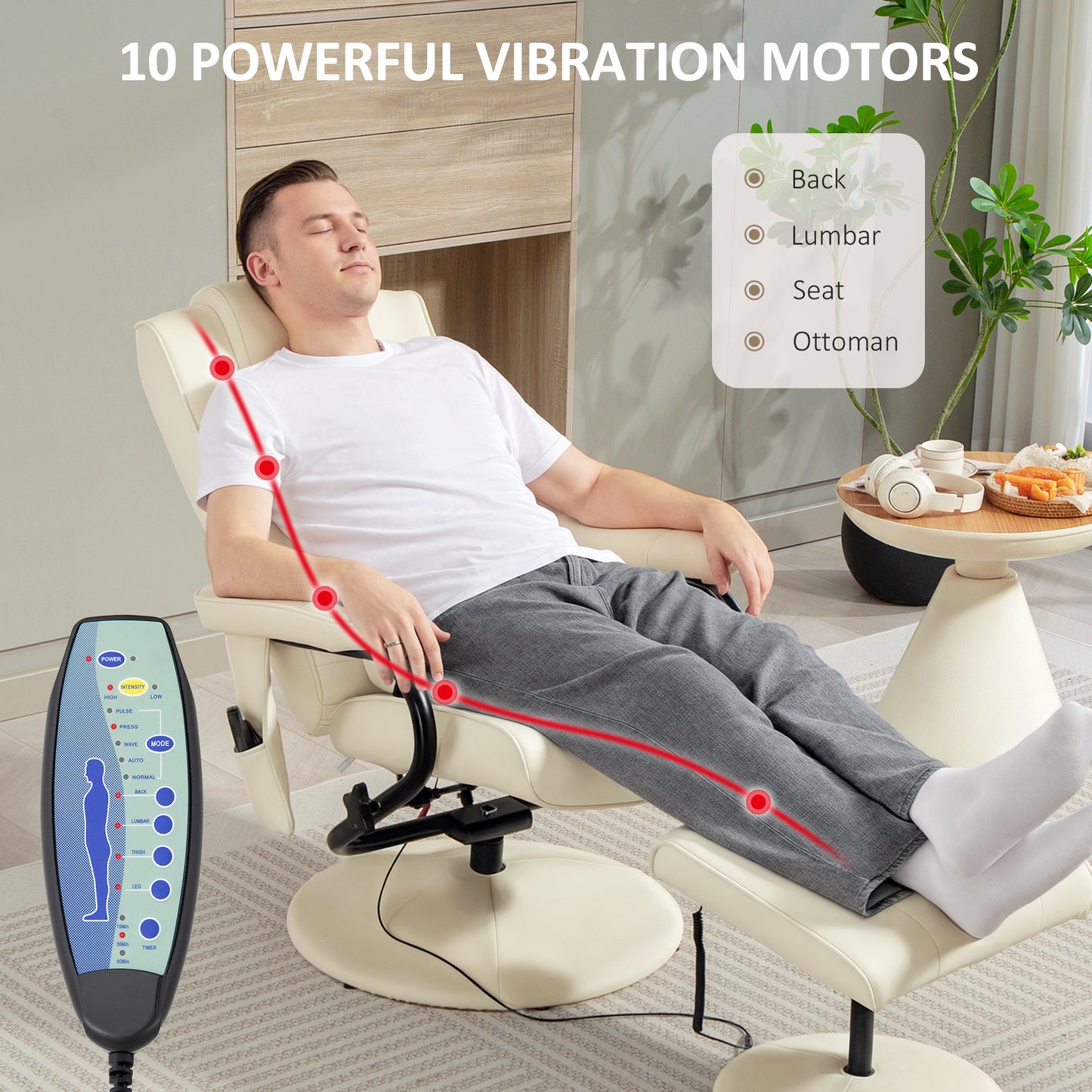 HOMCOM Swivel Recliner Chair and Footstool With Faux Leather Massage Remote Control Round Wrapped Base Cream White