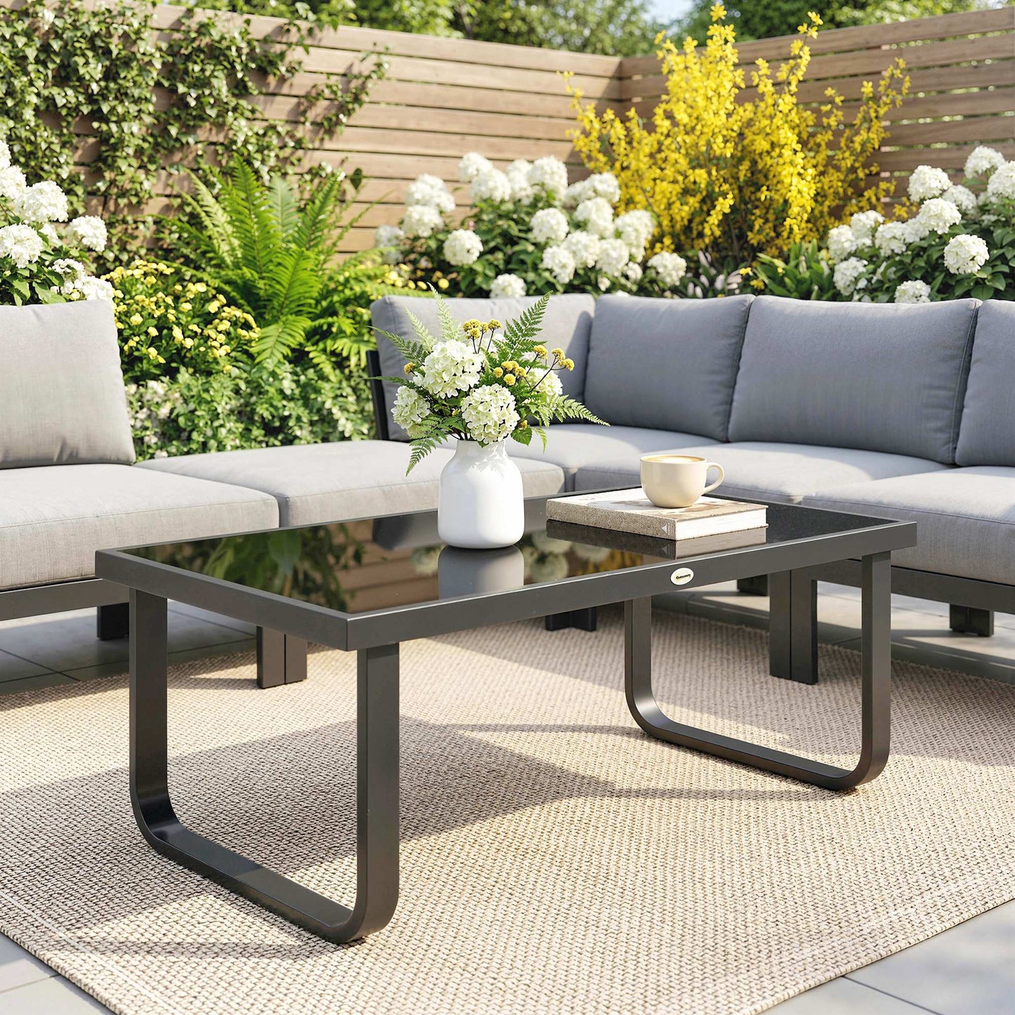 Outsunny Outdoor Garden Coffee Table With Rectangular Metal Frame Tempered Glass Top And Adjustable Foot Pads