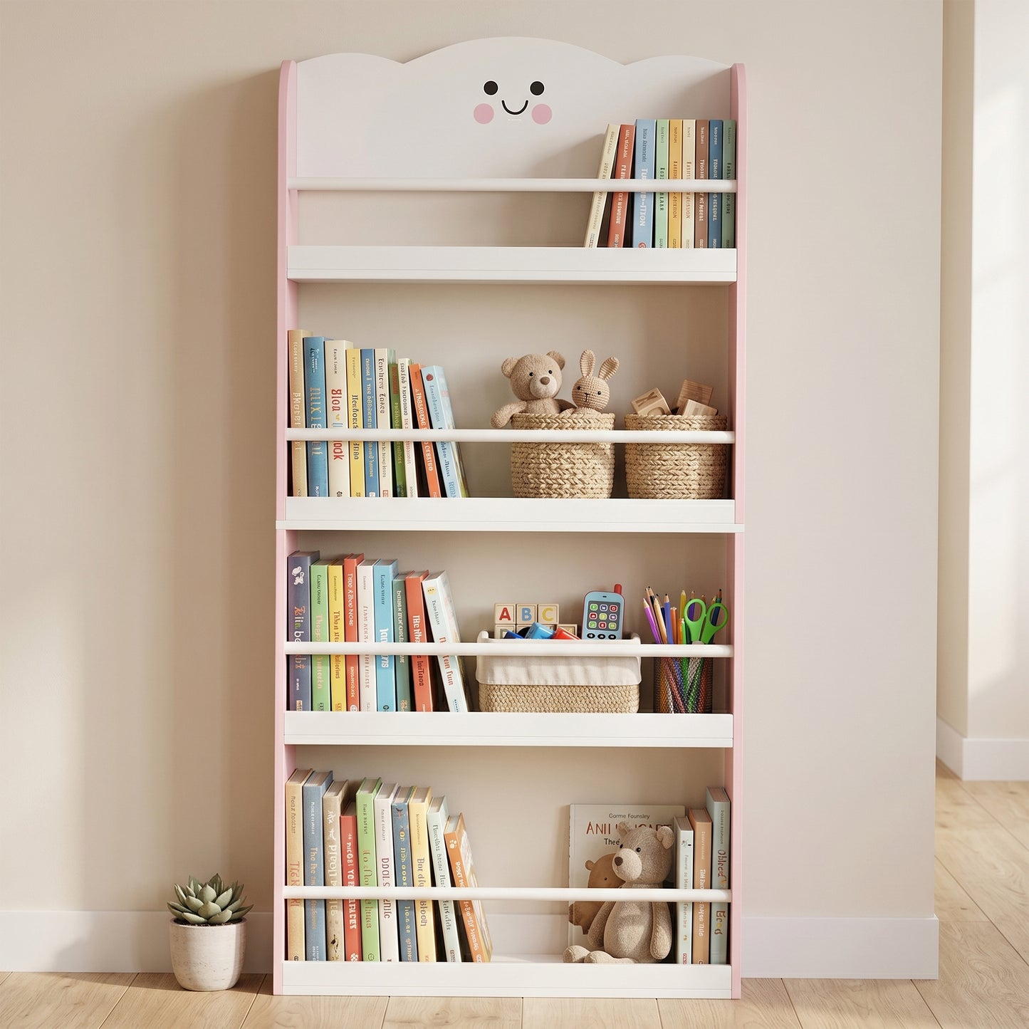 AIYAPLAY 4 Tier Kids Bookshelf Wall Mounted Pink Bookcase Toddler Playroom And Kids Room
