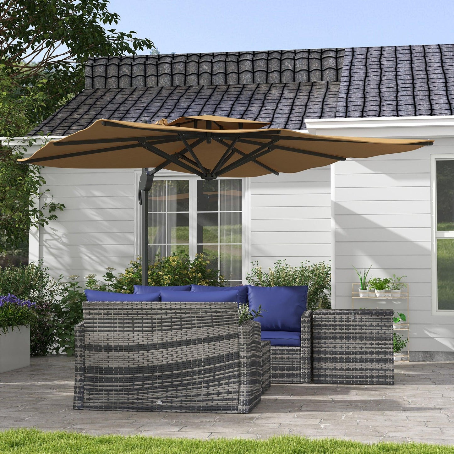 Outsunny Garden Parasol, 3(m) Cantilever Parasol with Hydraulic Mechanism, Dual Vented Top, 8 Ribs, Cross Base, Khaki - ALL4U RETAILER LTD