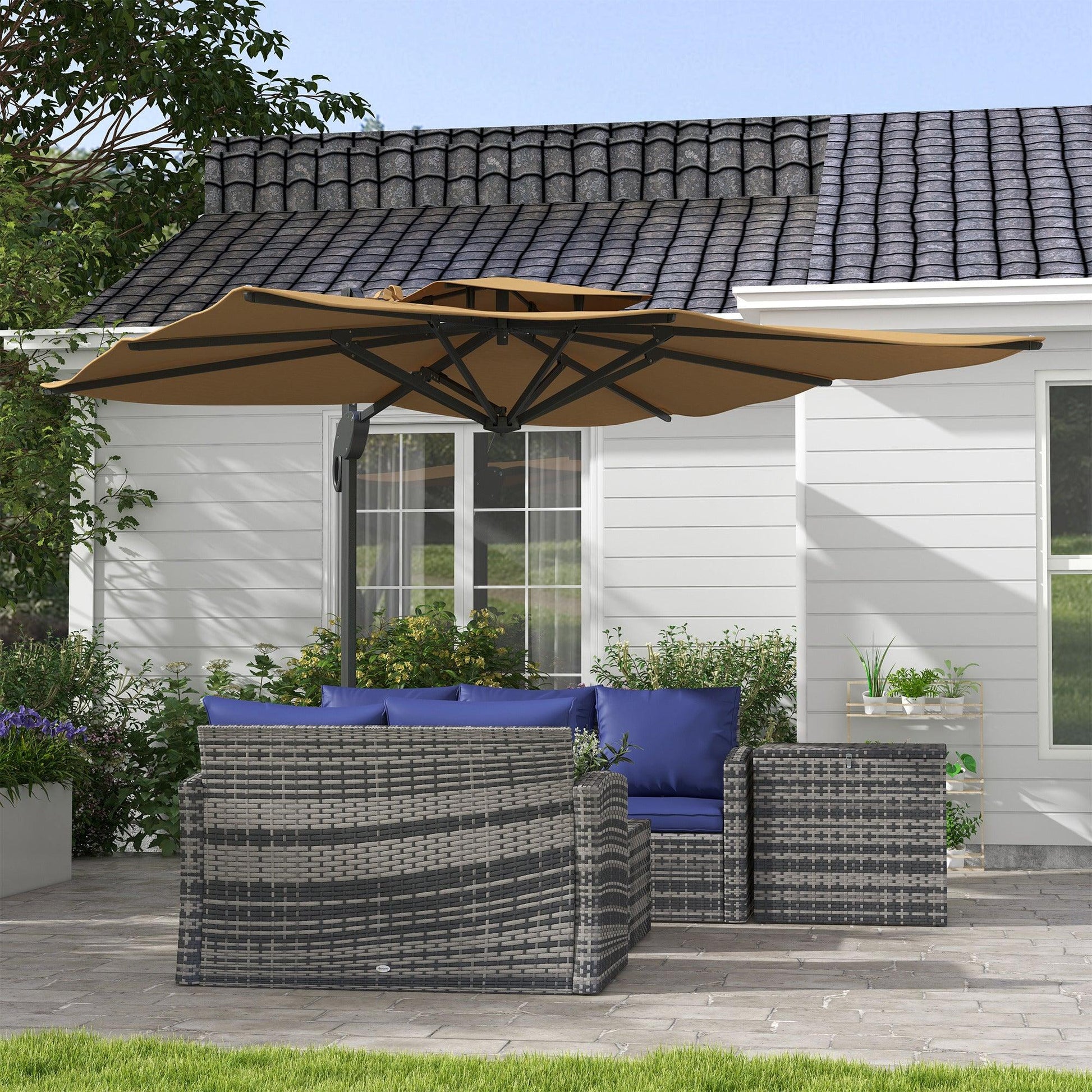 Outsunny Garden Parasol, 3(m) Cantilever Parasol with Hydraulic Mechanism, Dual Vented Top, 8 Ribs, Cross Base, Khaki - ALL4U RETAILER LTD