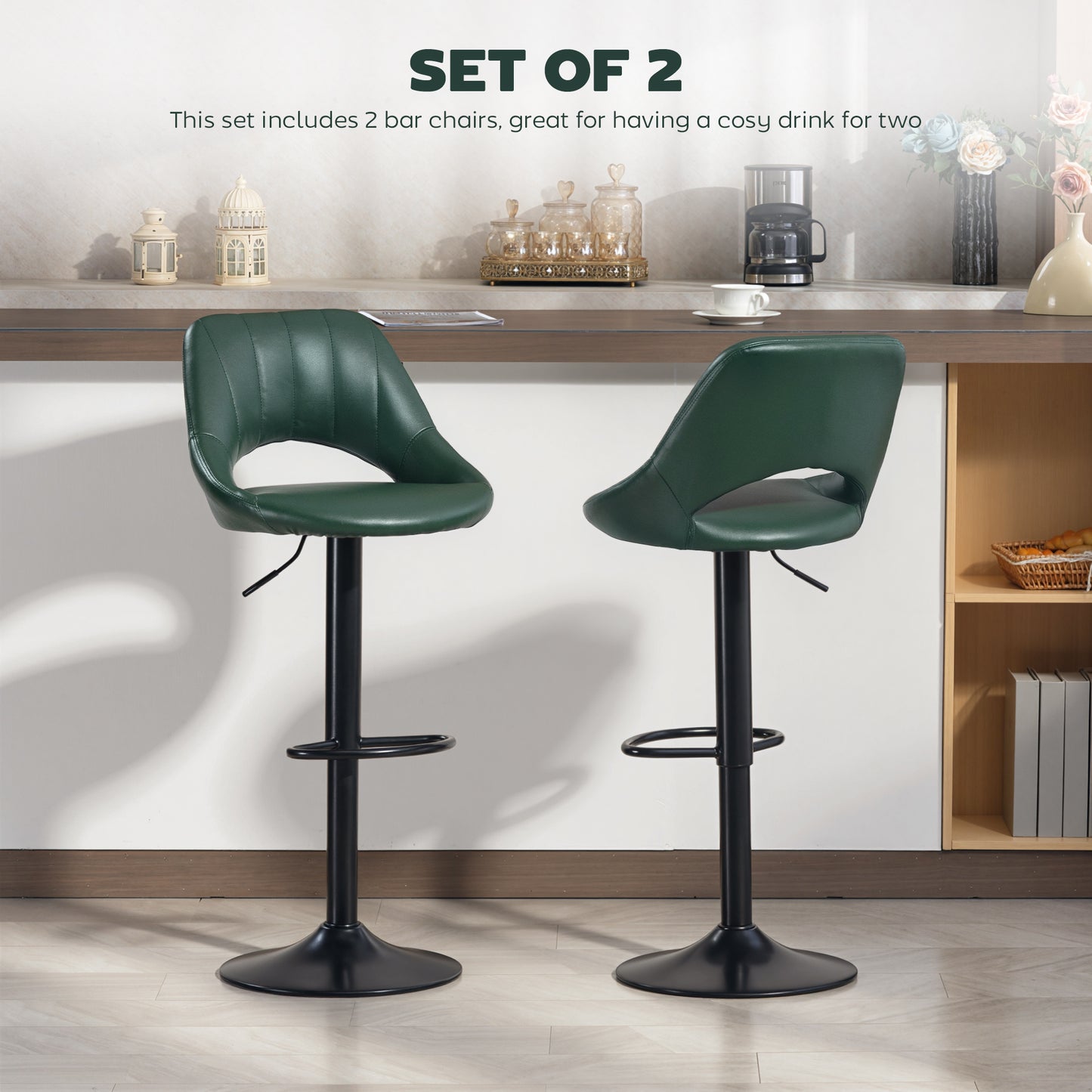 HOMCOM Set of Two Faux Leather Bar Stools Dark Green Adjustable Height 87 to 109 cm 360 Degree Swivel Comfort Foam