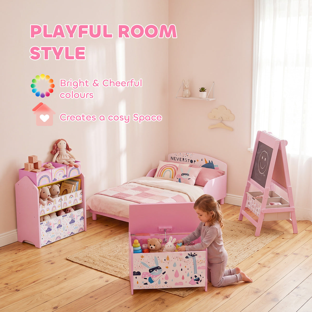 Pink wooden toy chest with flip lid in a kids’ play room setting