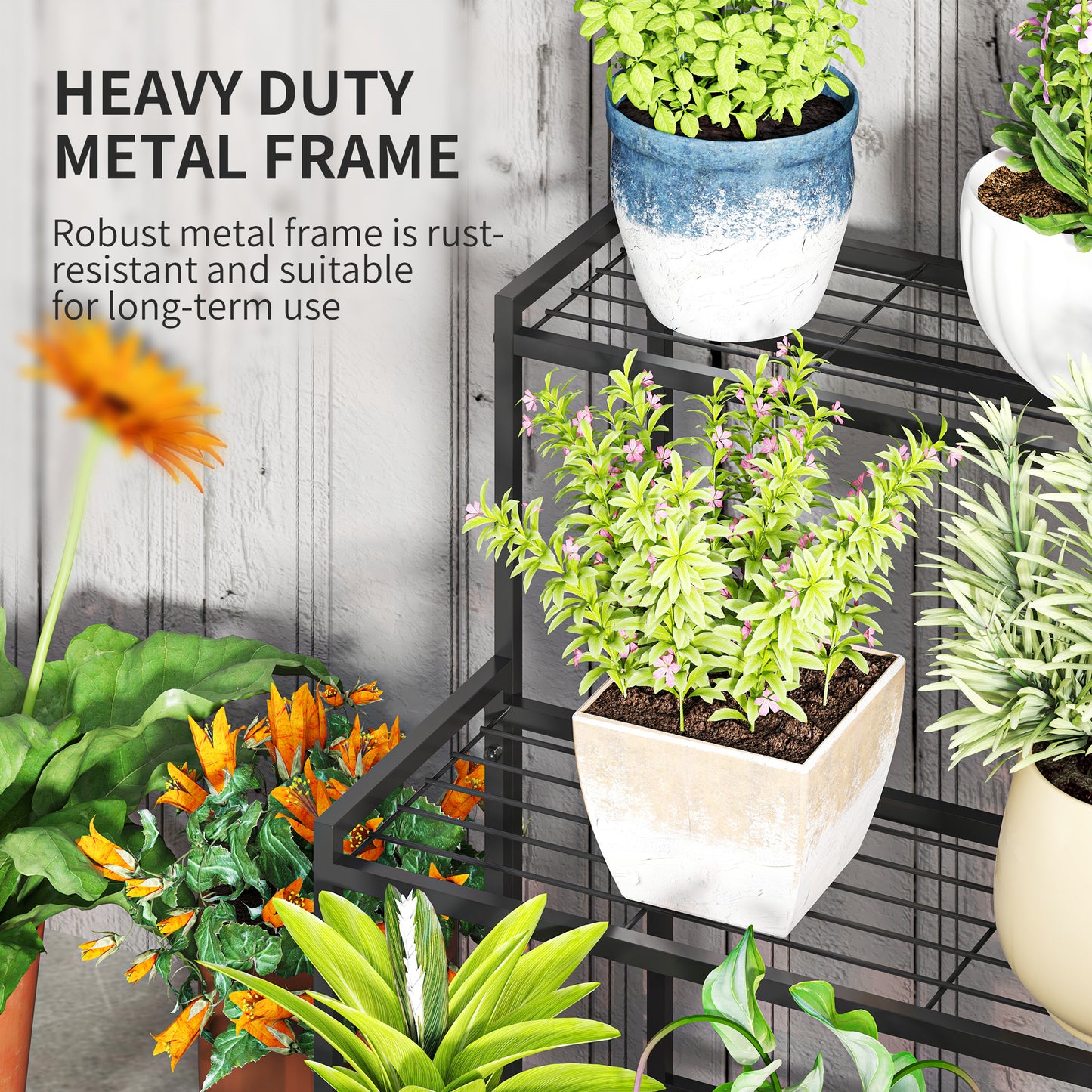Outsunny Three Tier Metal Plant Shelf Stand Black Indoor Outdoor Garden Tiered Plant Organizer With Slatted Shelves