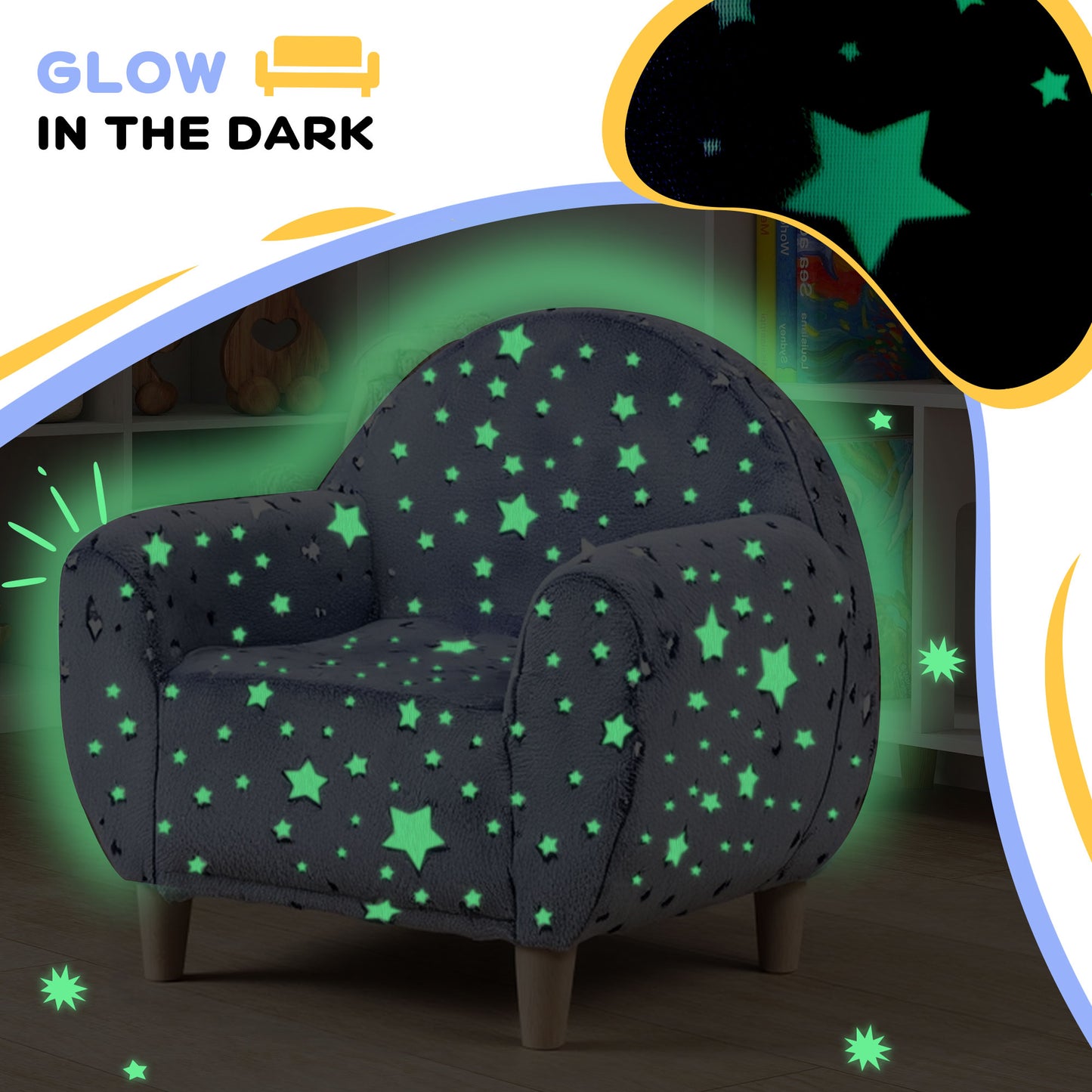 AIYAPLAY Kids Glow In The Dark Armchair With Star Design For Bedroom Playroom Kids Room Grey