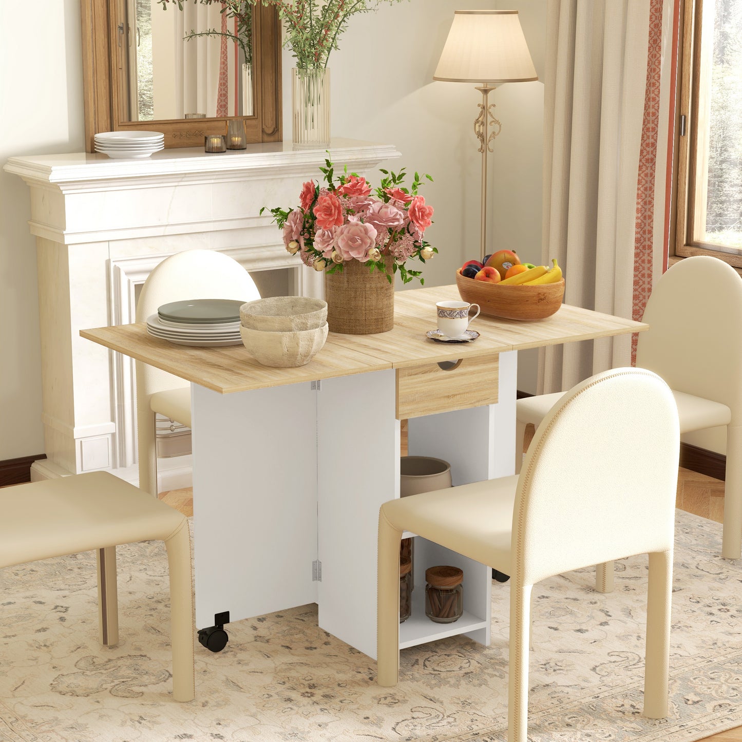 HOMCOM Folding Dining Table With Drop Leaf For Small Spaces Oak Finish Foldable Table With Drawer And Storage Shelves