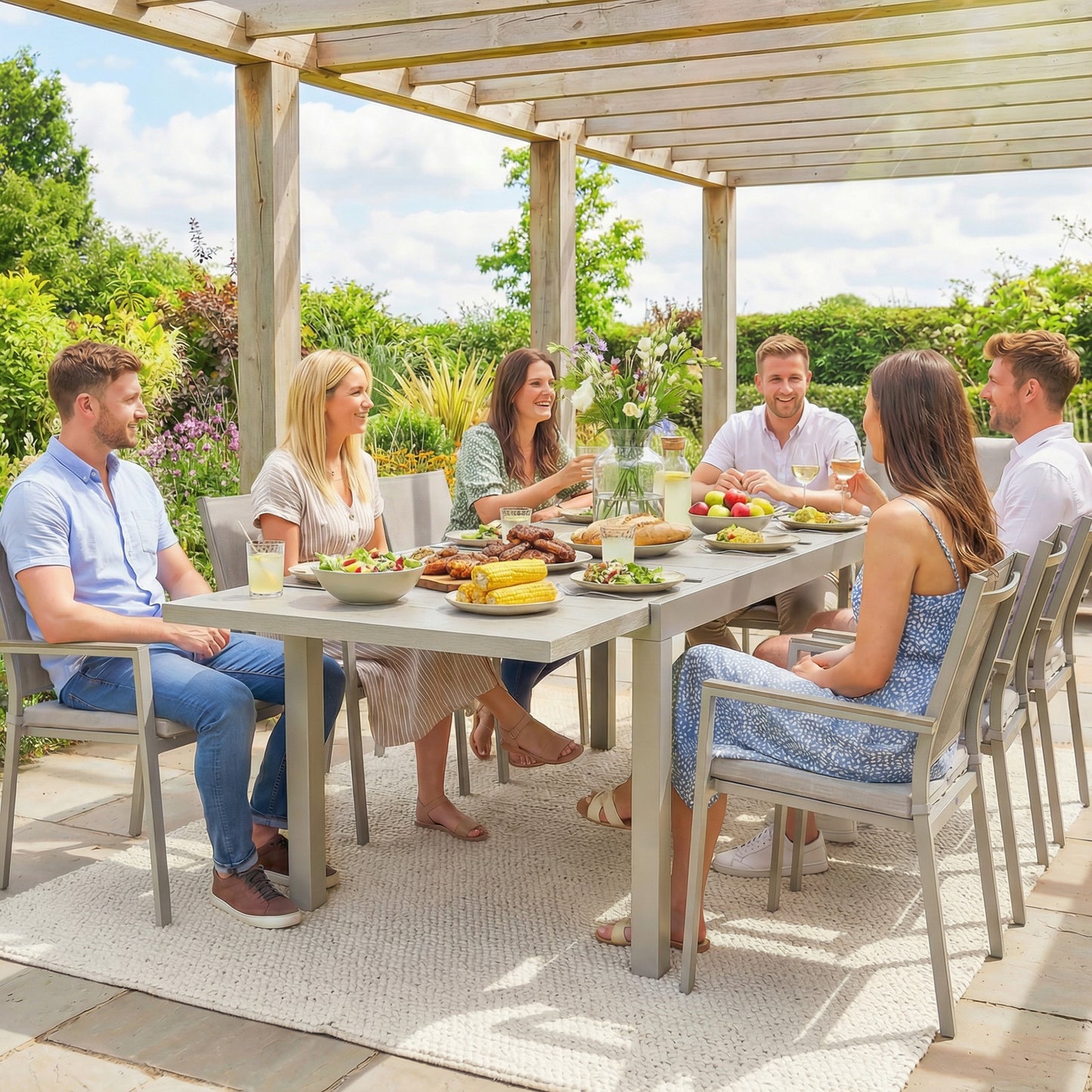 Outsunny Extending Garden Table Aluminium Outdoor Dining For 8 To 10 People With Wood Like Surface Light Grey