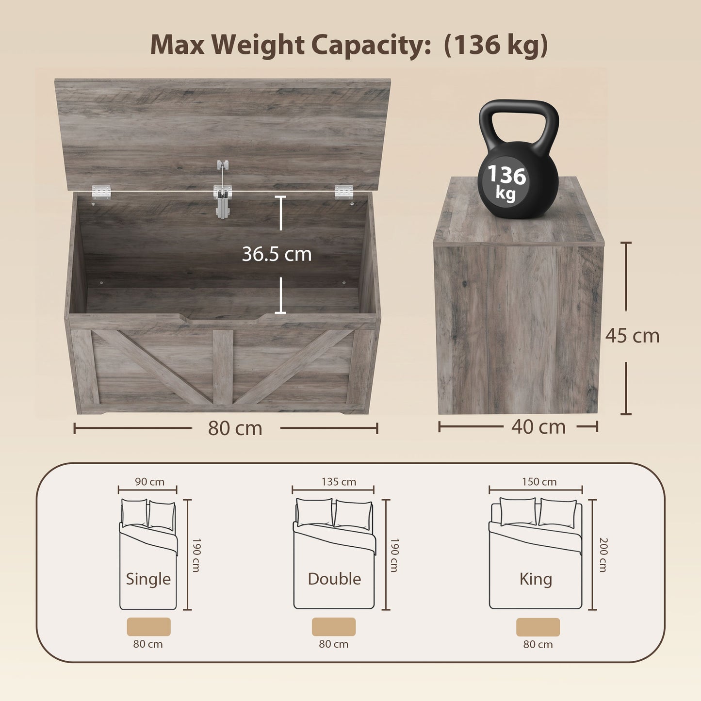 HOMCOM 100L Home Storage Box With Safety Hinge Grey Wood Effect Bench Seat For Living Room