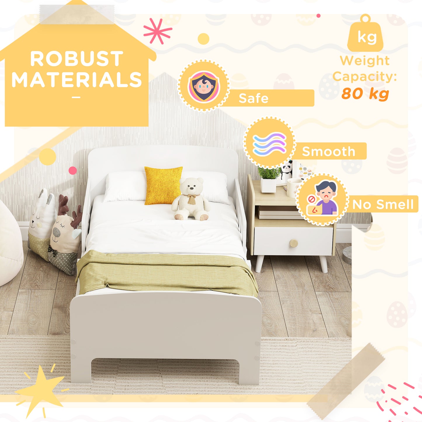 AIYAPLAY Toddler Bed for Kids with Safety Rails White Finish Low Profile Bed Frame Ages 3 to 8