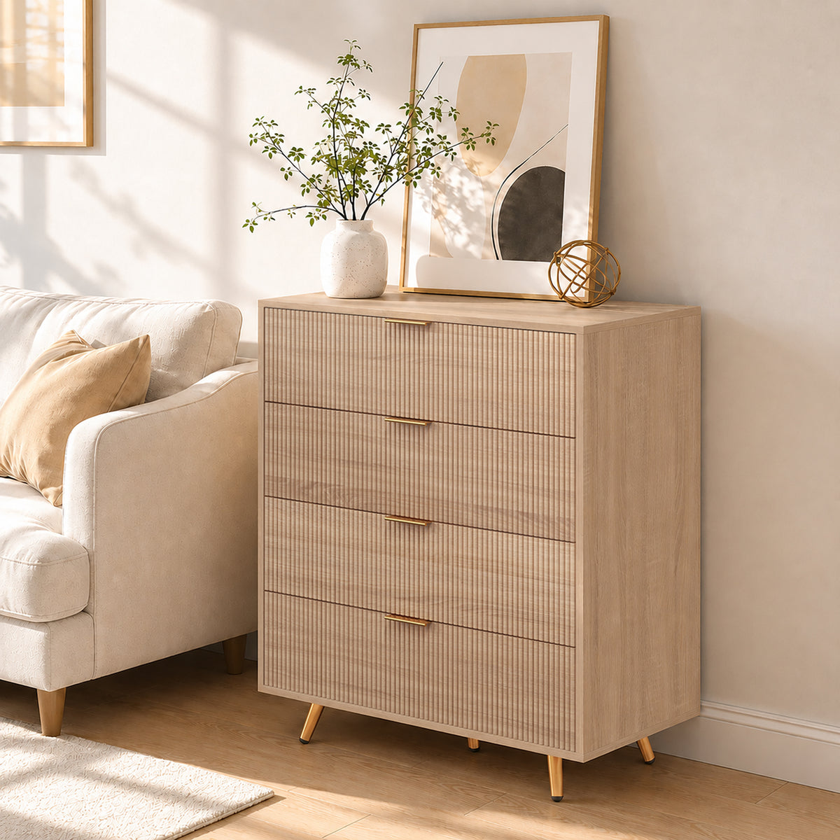 Homcom Bedroom Chest Of Drawers With 4 Drawers Gold Handles Fluted Dresser